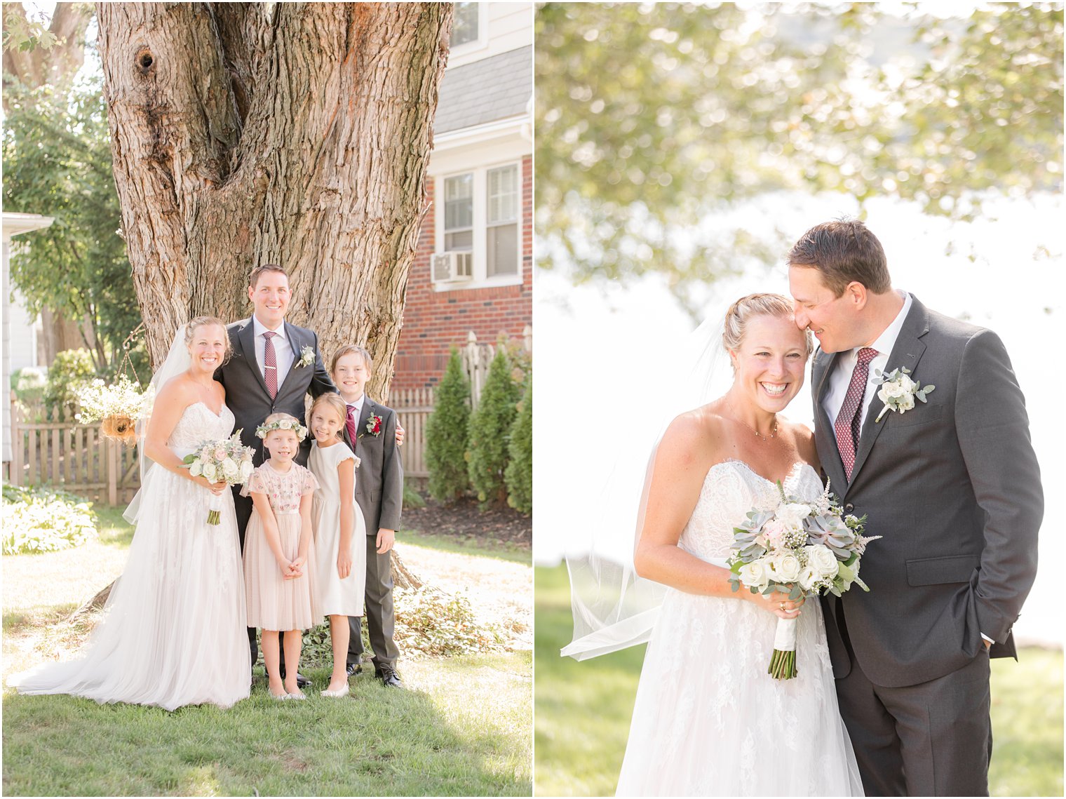 bride and groom pose with children on New Jersey wedding day