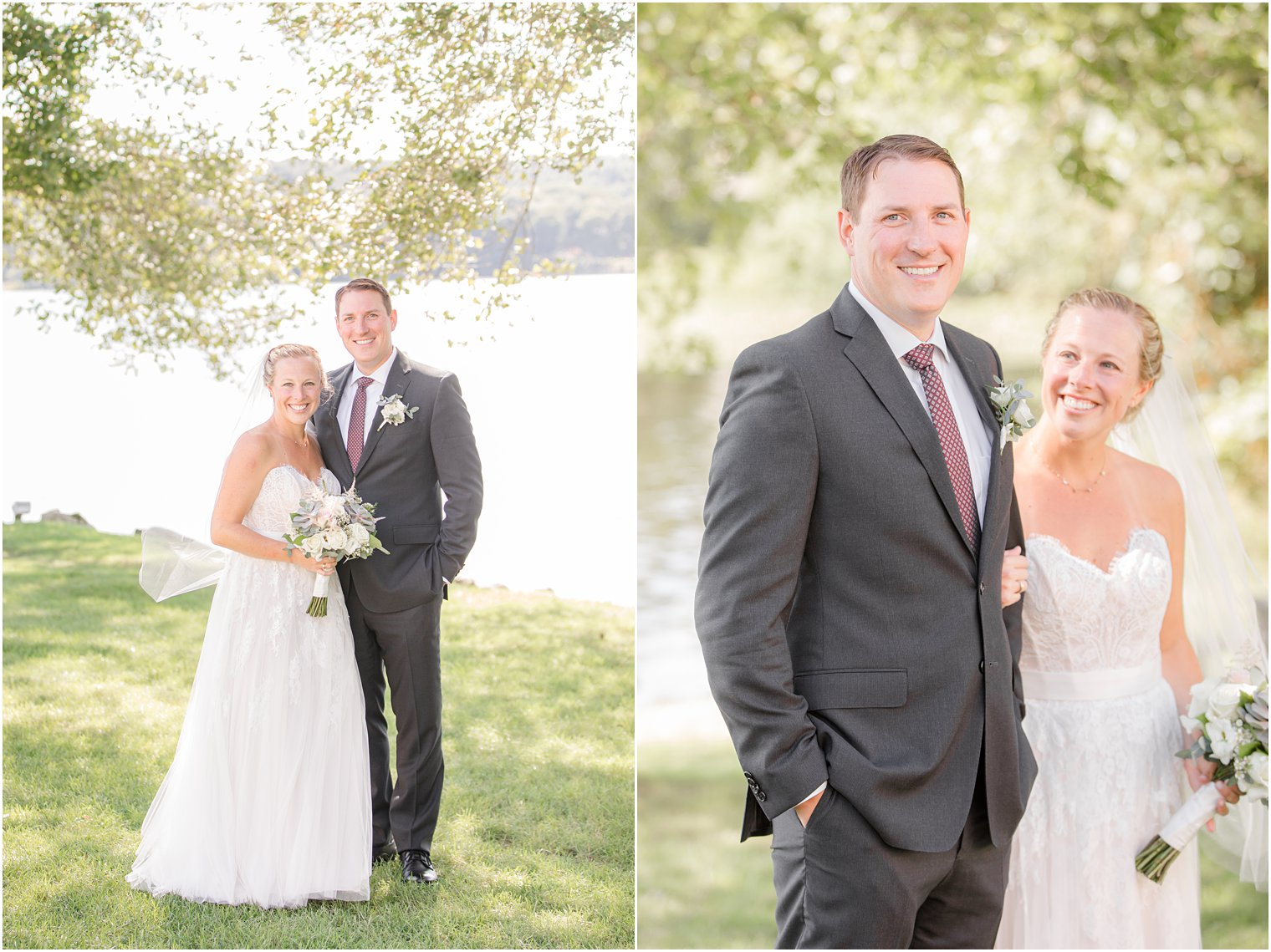 bride and groom stand together by lake in New Jersey on wedding day