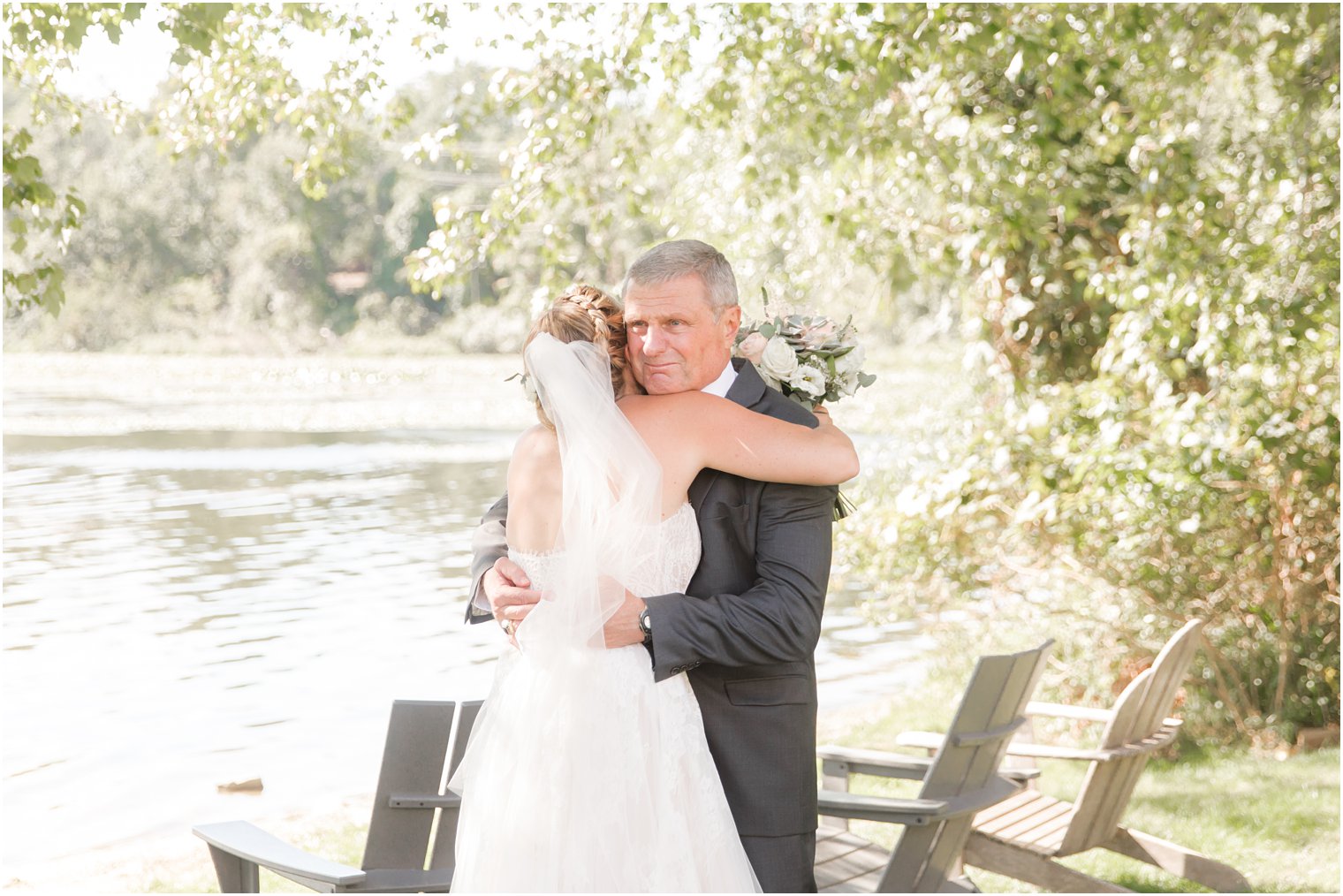 bride has first look with dad before microwedding in New Jersey