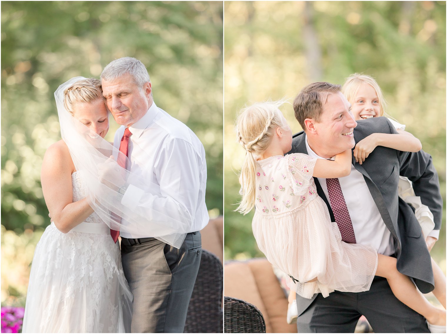 bride dances with dad while groom wrestles kids at wedding reception