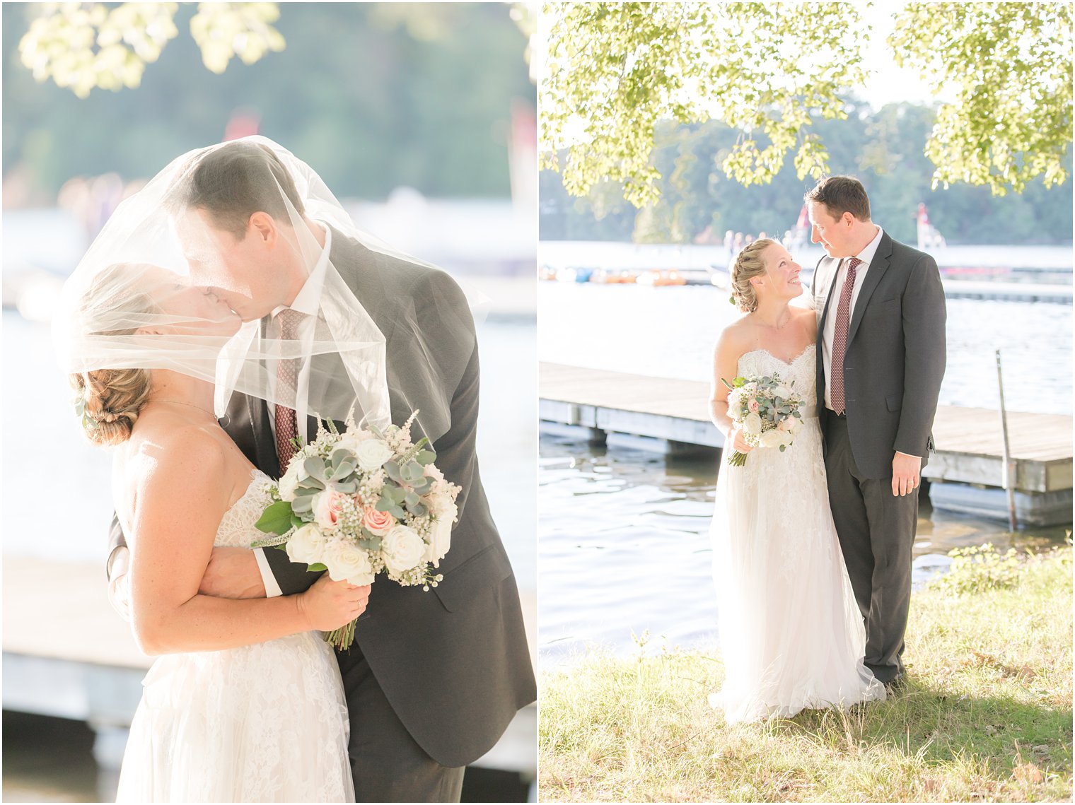 bride and groom kiss under veil at Indian Trail Club in Franklin Lakes