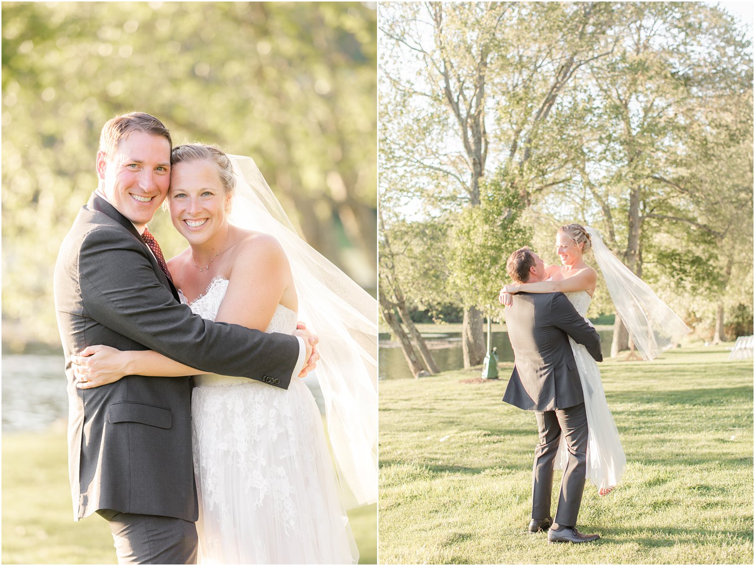 bride with veil and groom pose in Franklin Lakes after Indian Trail Club Micro Wedding