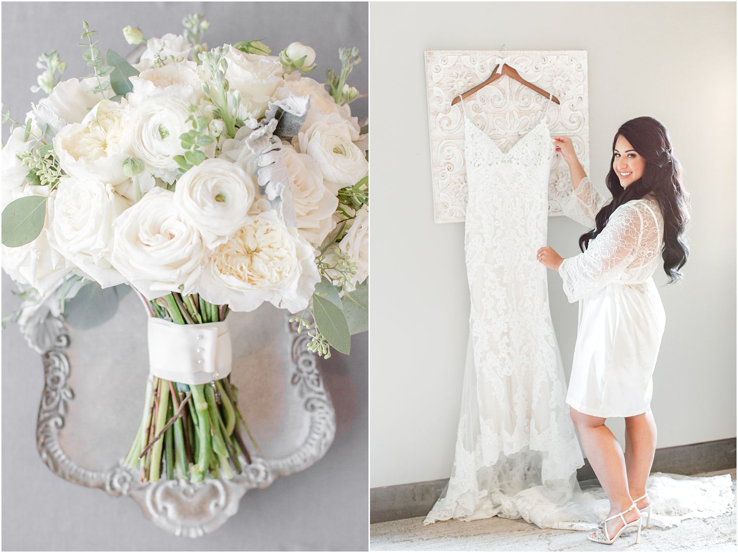 bride adjusts wedding dress before Windows on the Water at Frogbridge wedding