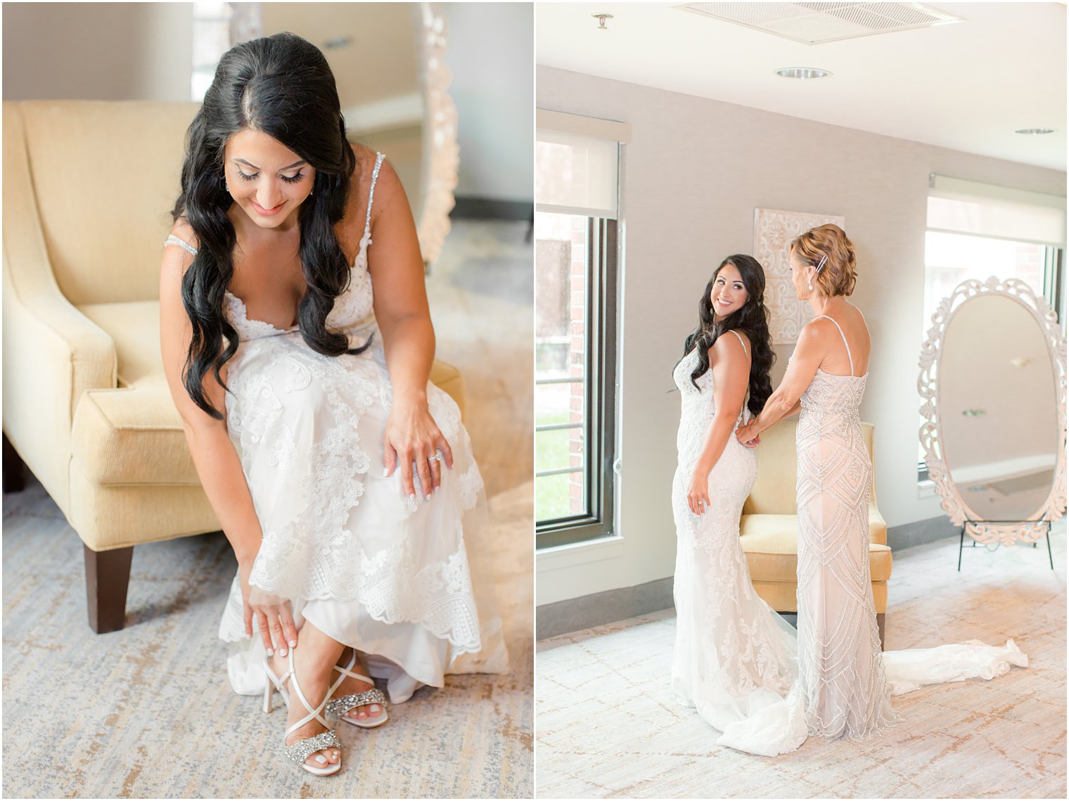 bride prepares for NJ wedding with mom 