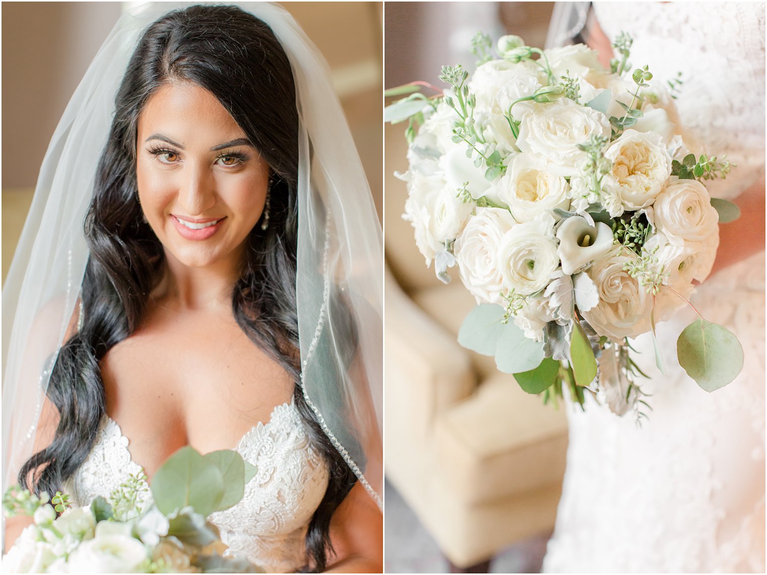 bride holds bouquet of white flowers before Windows on the Water at Frogbridge wedding