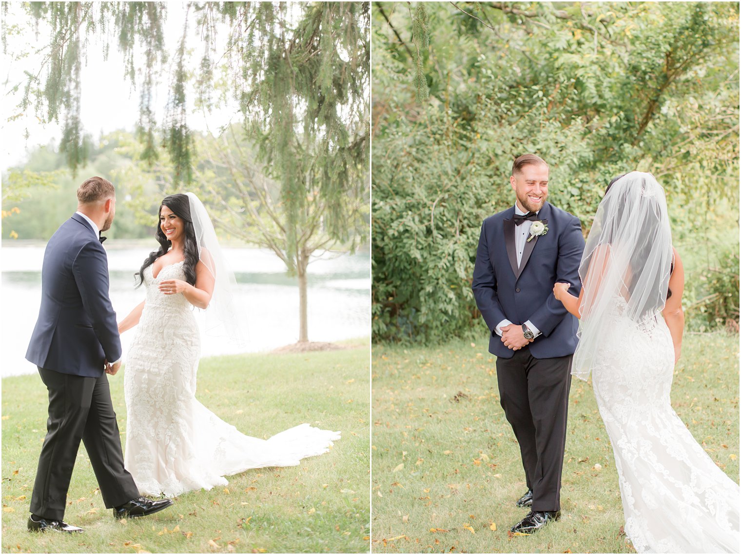 bride approaches groom during first look at Windows on the Water at Frogbridge