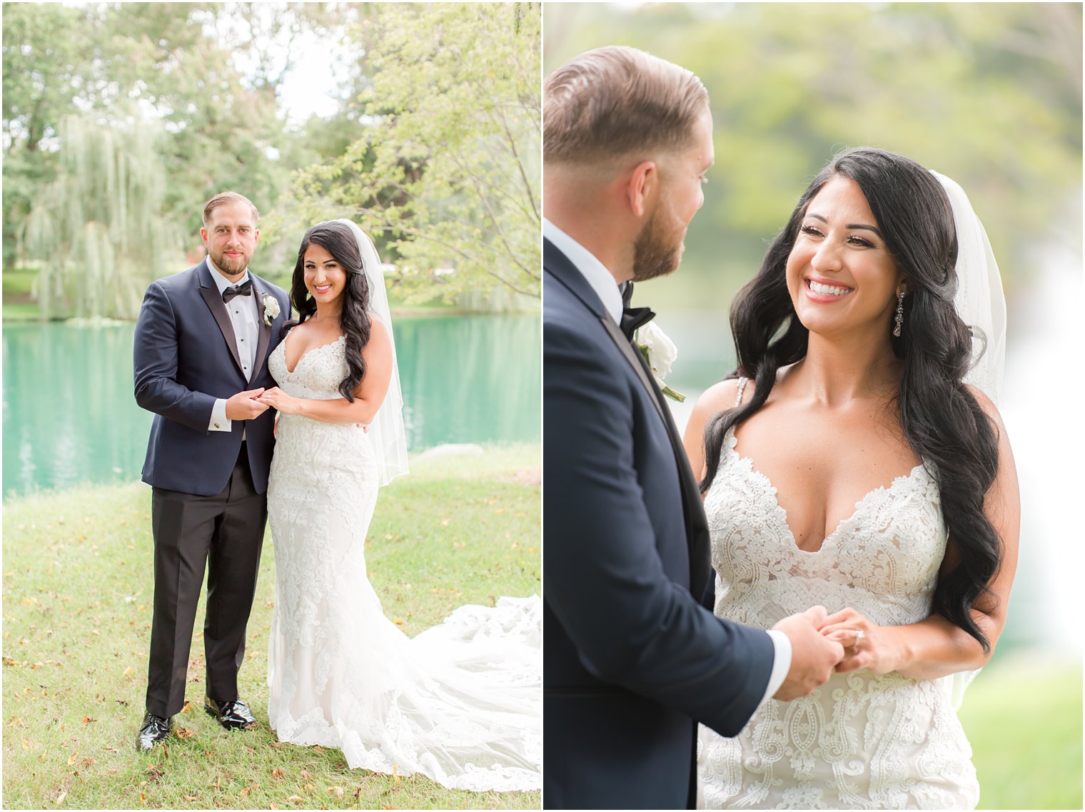 groom holds bride's hand and smiles at her during NJ wedding photos