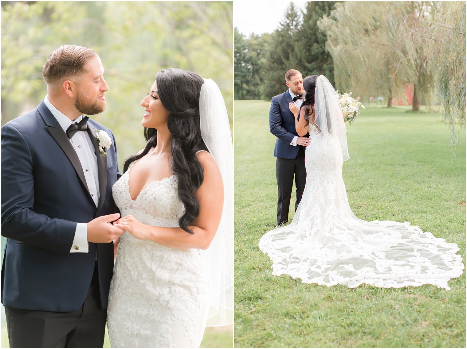 bride and groom smile during New Jersey wedding photos