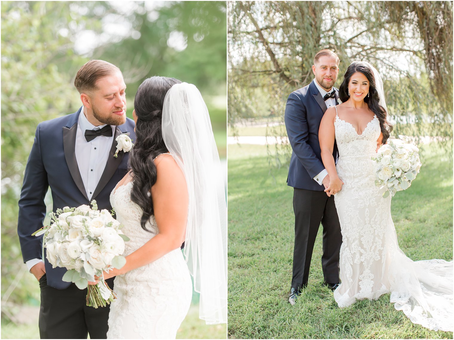 bride and groom pose together holding hands during NJ portraits