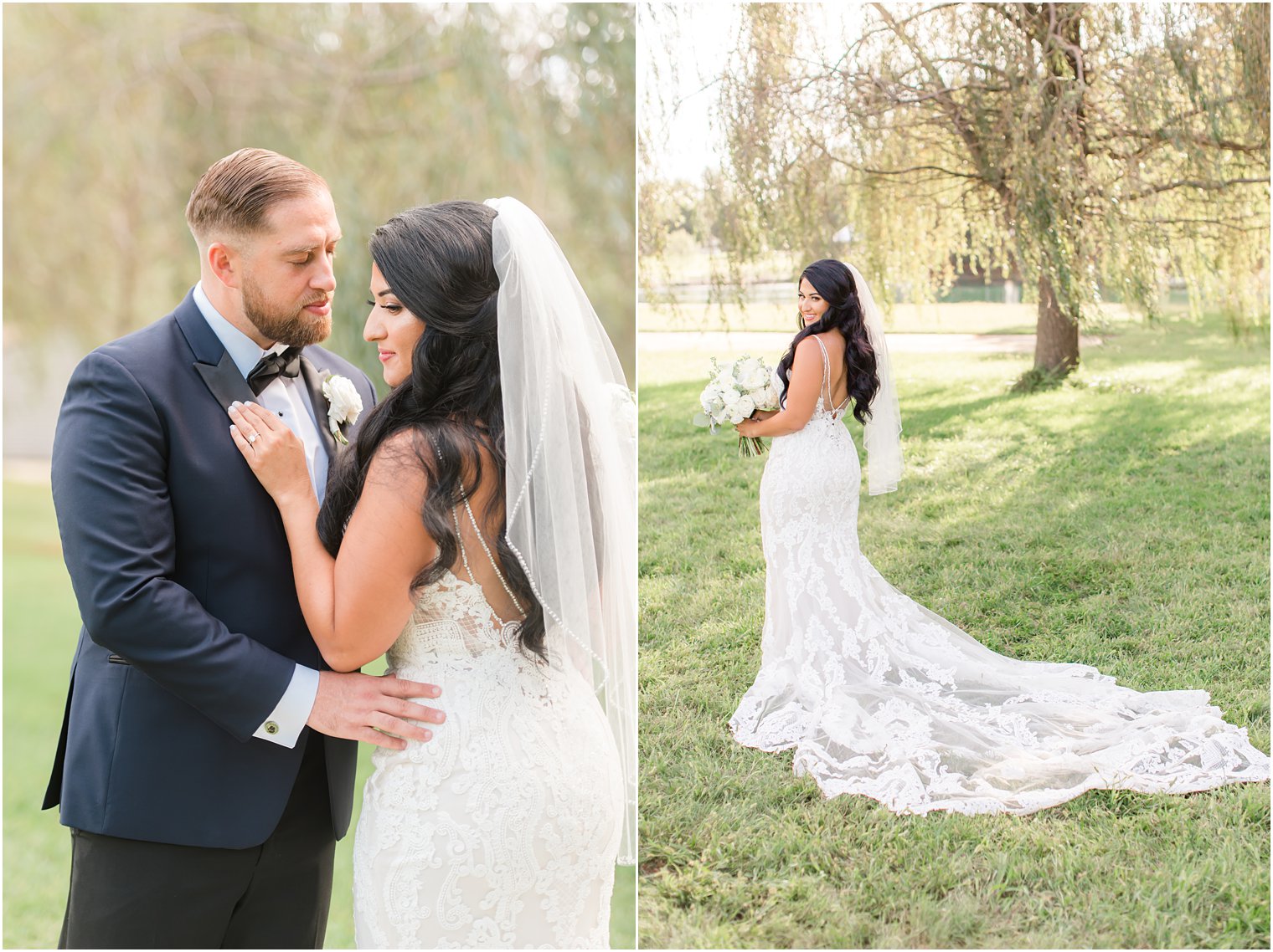 New Jersey newlyweds pose by trees at Windows on the Water at Frogbridge