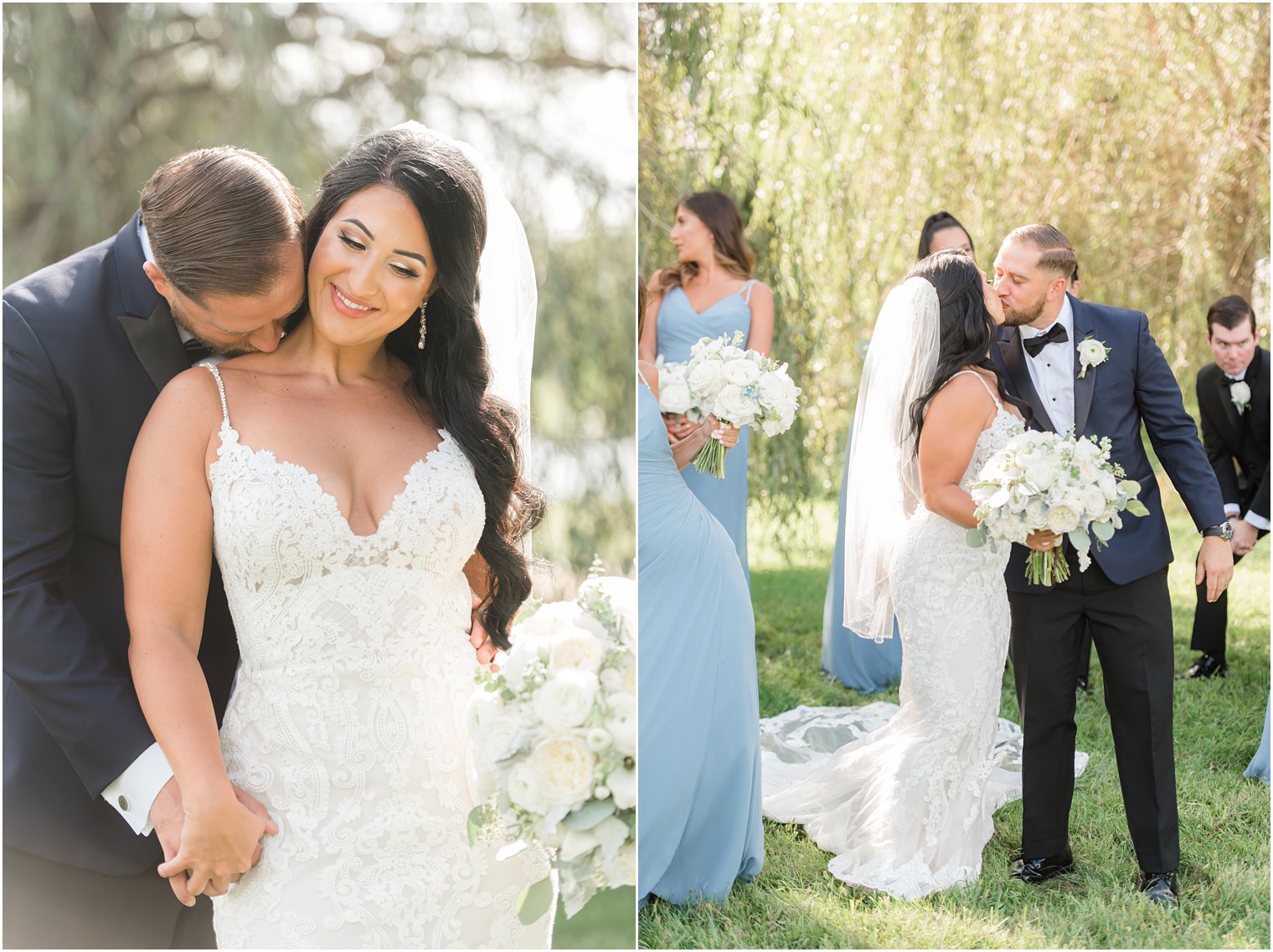 bride and groom kiss during wedding portraits in Millstone NJ