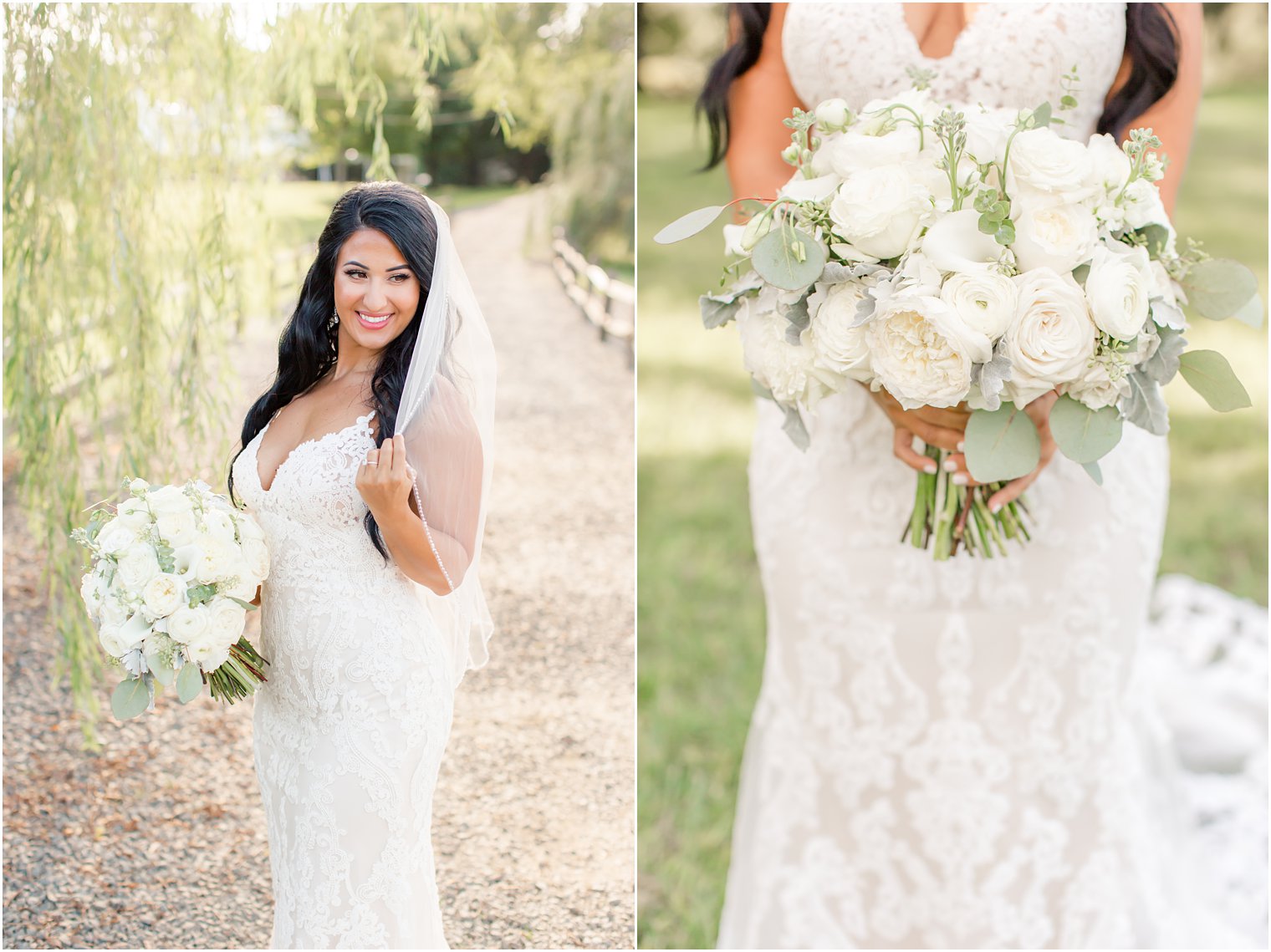 Bride holds bouquet of all white roses and peonies in New Jersey