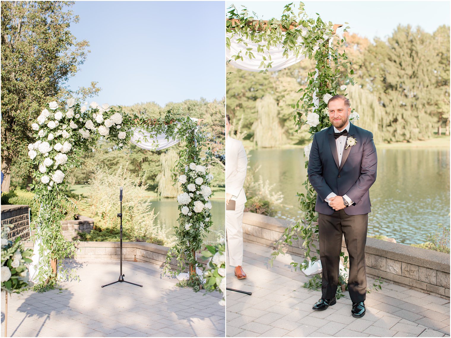 groom watches bride walk down aisle during Millstone NJ wedding