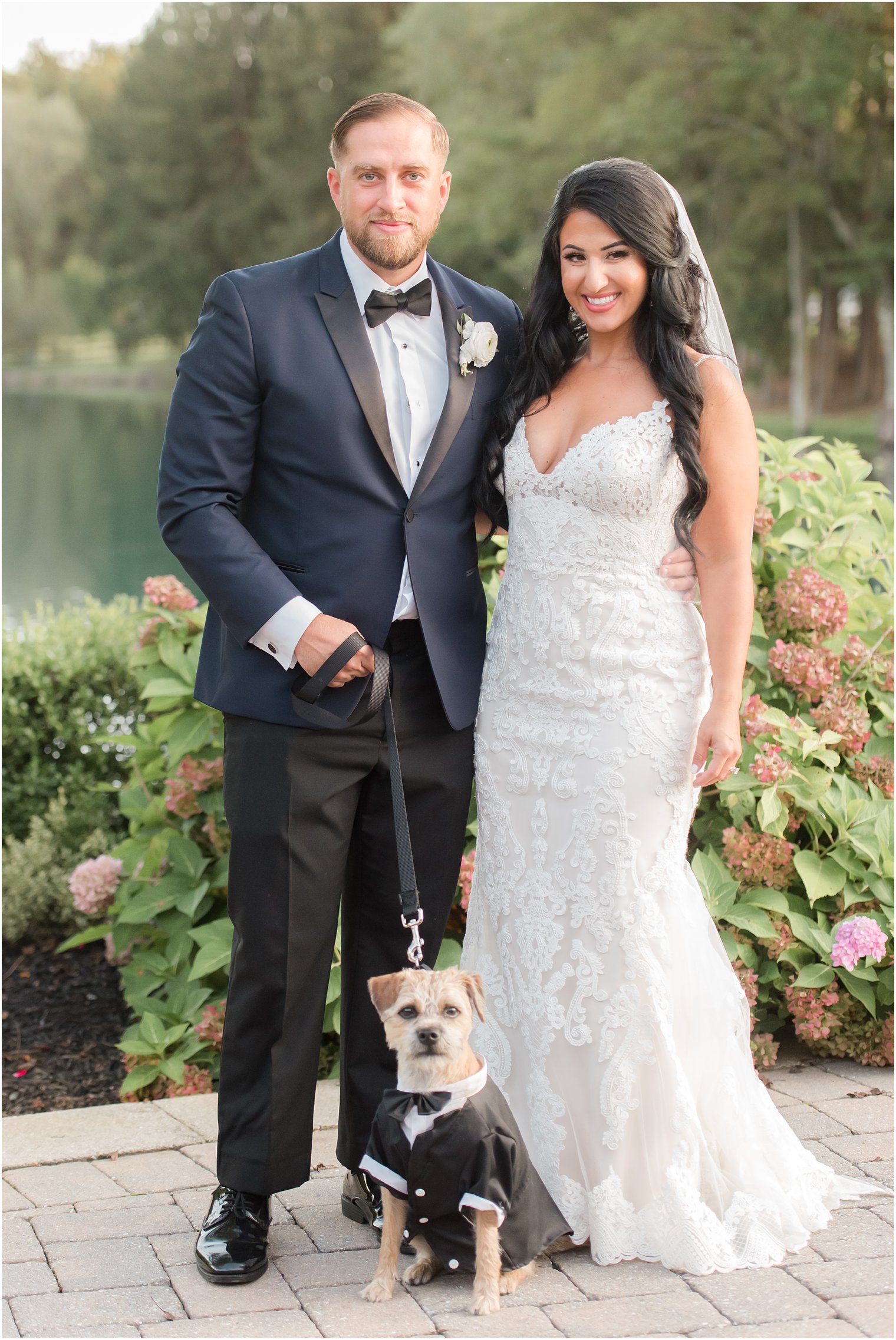 New Jersey wedding portraits with bride, groom, and their dog in tux
