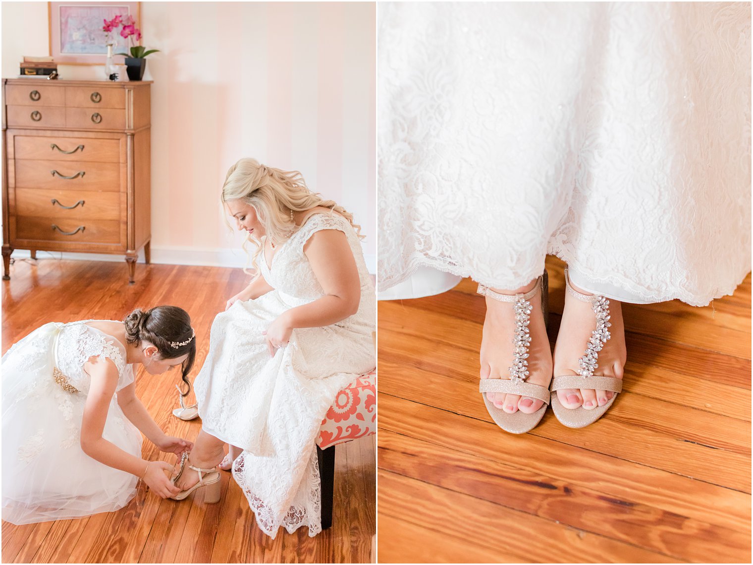 flower girl helps bride with shoes on New Jersey wedding day