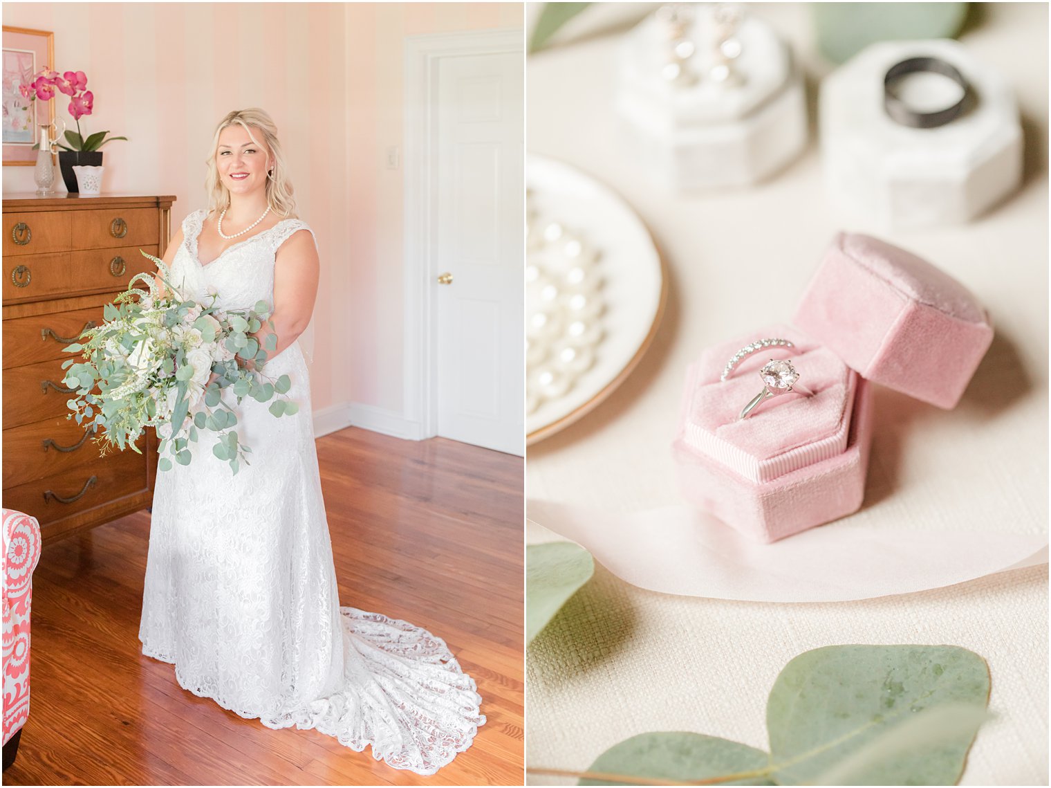 bride holds bouquet with eucalyptus leaves while ring rests in pink ring box