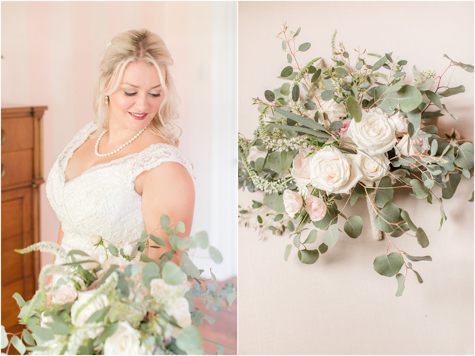 bride holds bouquet with white roses and green leaves