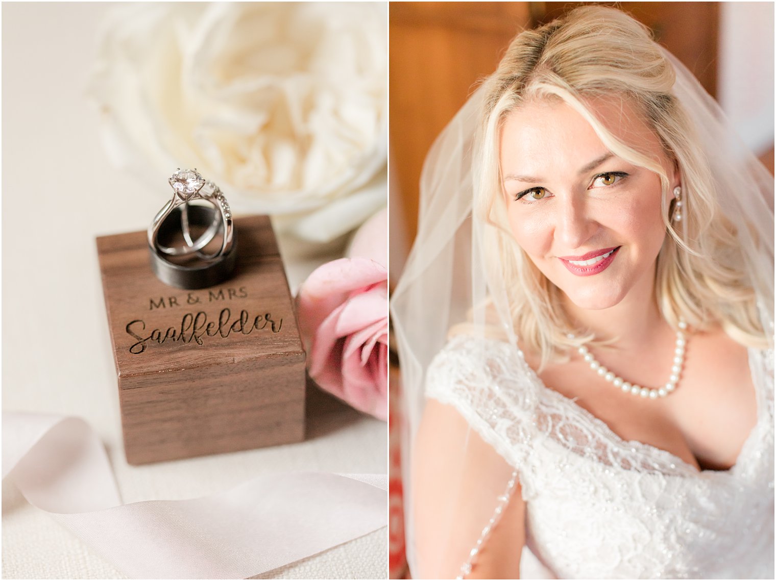 rings rest on custom wooden box and classic bridal portrait