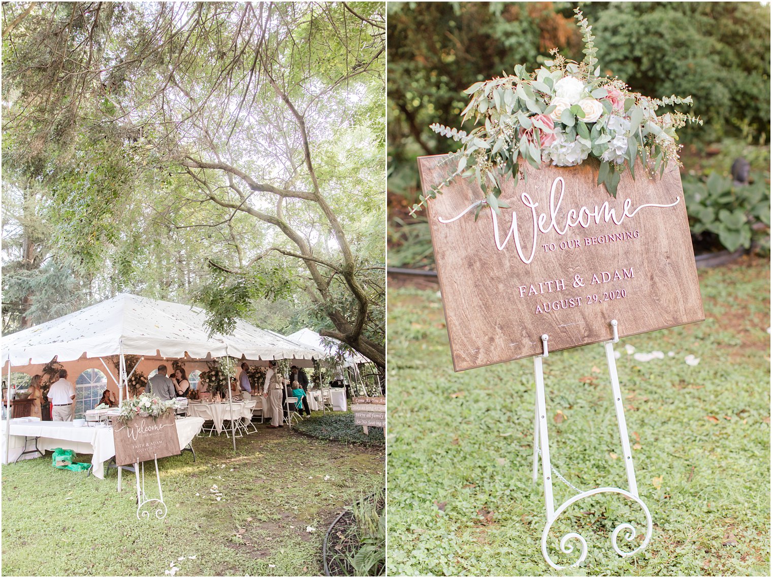 rustic ceremony sign and outdoor tent for Micro Wedding at The Lily Inn