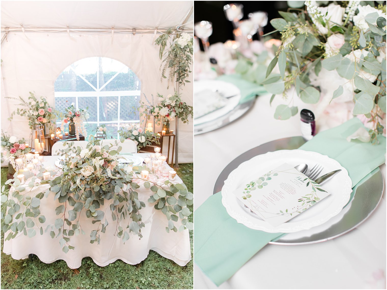 white flowers and mint green wedding details for Micro Wedding reception