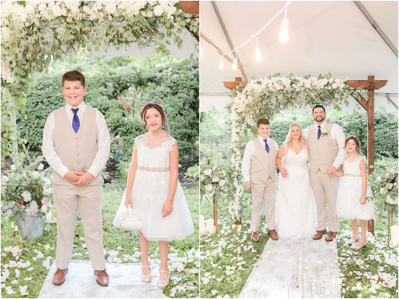 bride and groom pose with flower girl and ring bearer under canopy