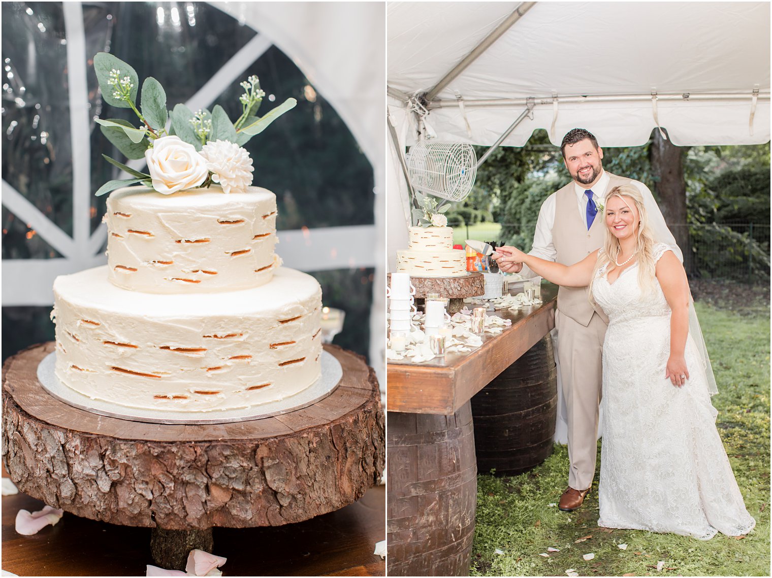 couple cuts rustic wedding cake during micro wedding