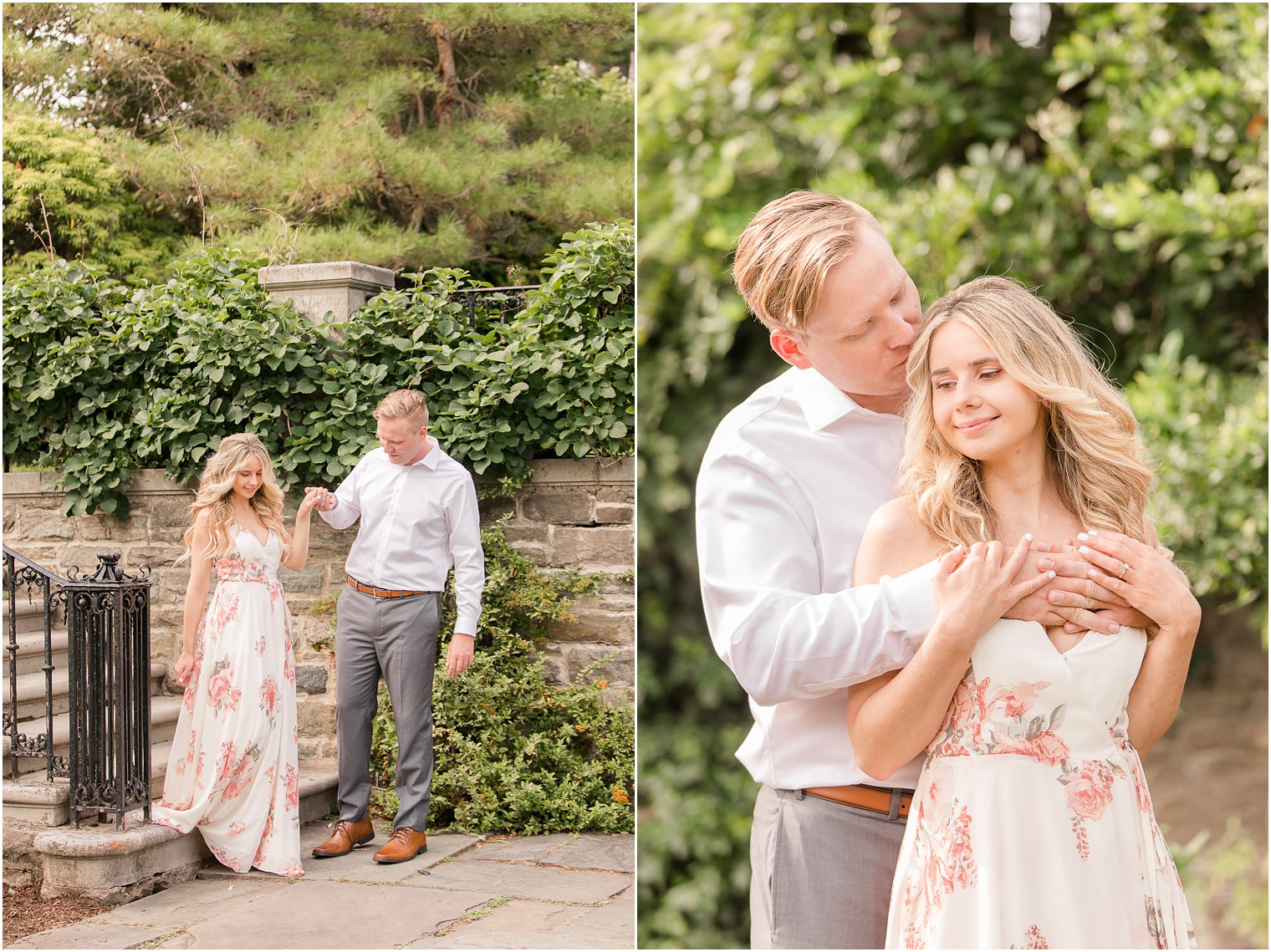 engaged couple walks through Ringwood NJ wedding venue Skylands Manor for engagement session