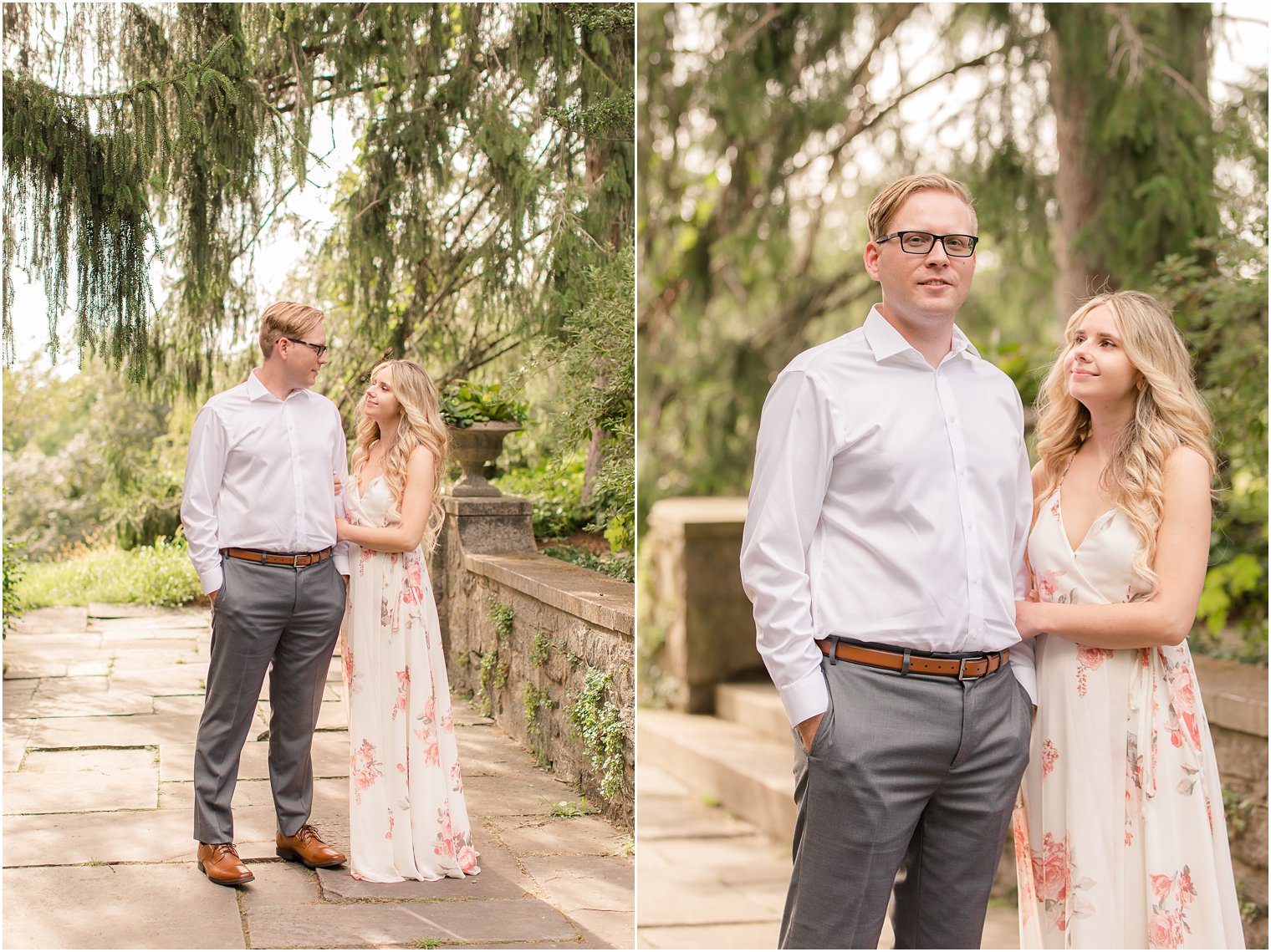 bride and groom look at each other while standing on Skylands Manor bridge