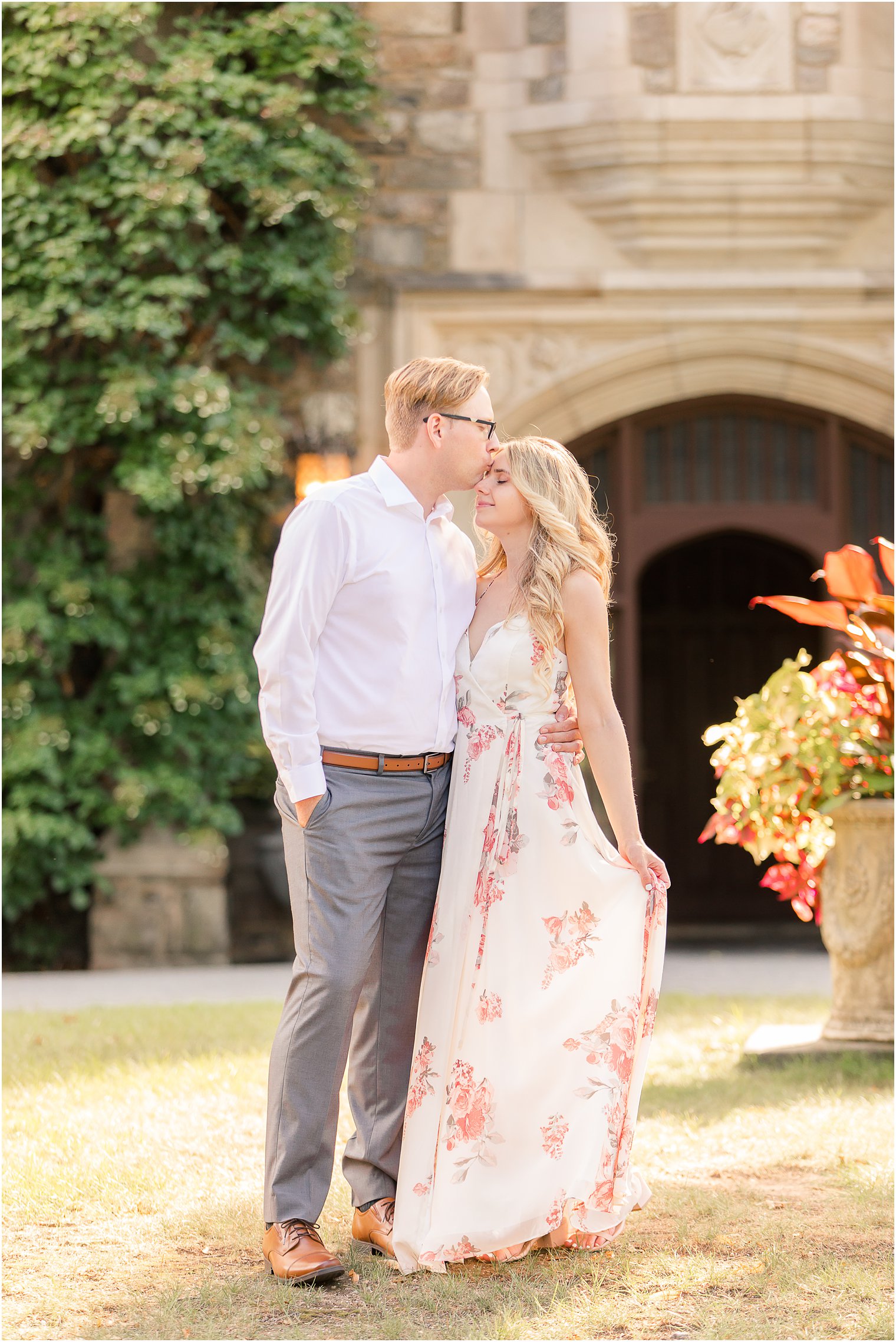 bride shows off floral dress during NJ engagement photos