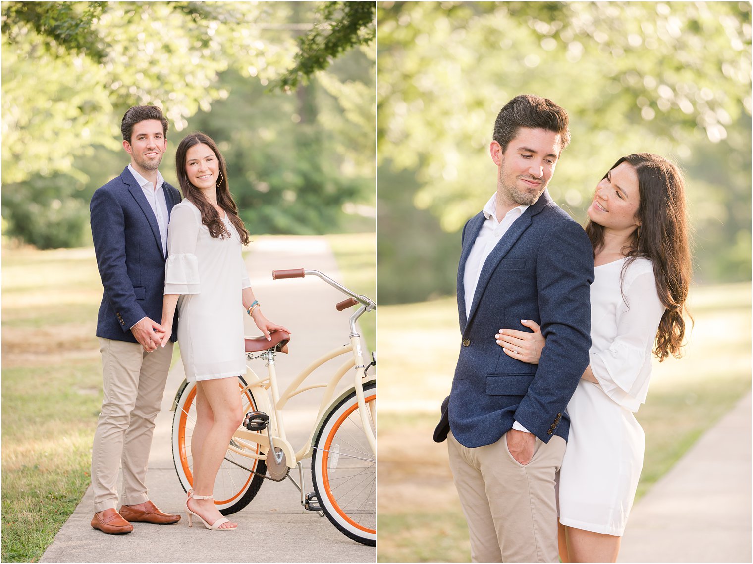 bride hugs groom from behind during NJ engagement photos