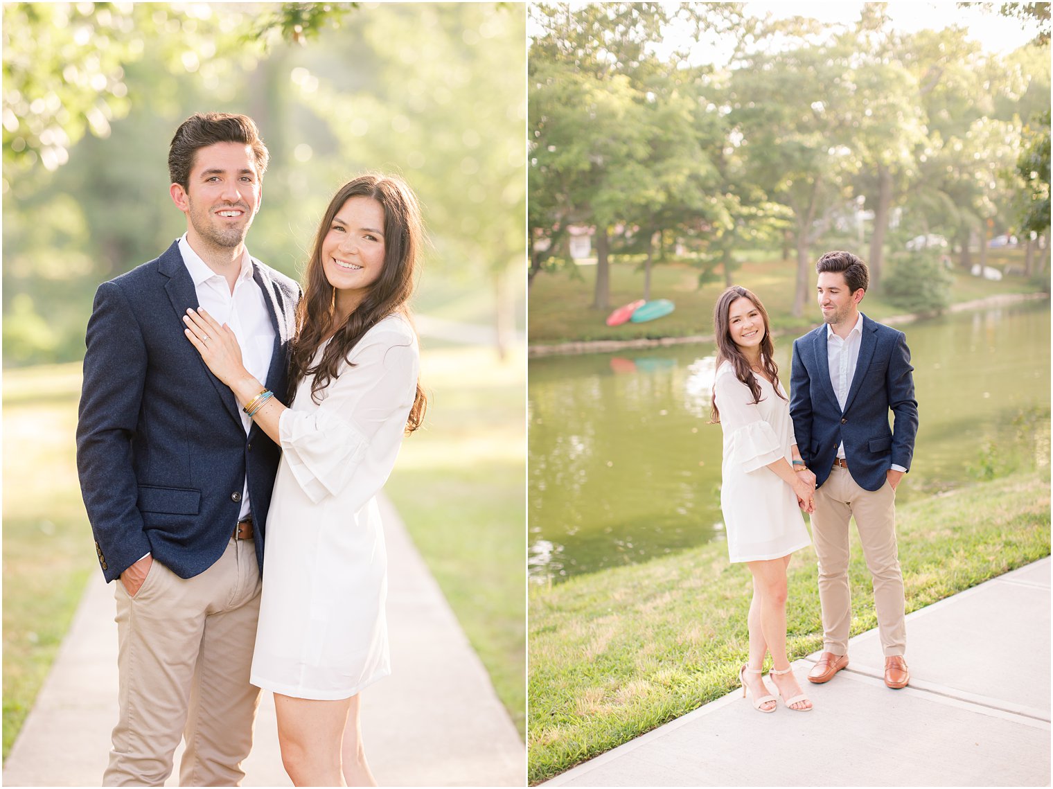 engaged couple poses by NJ lake during engagement photos