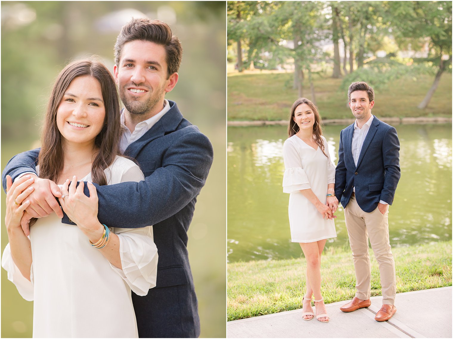 bride and groom pose by Spring Lake in New Jersey