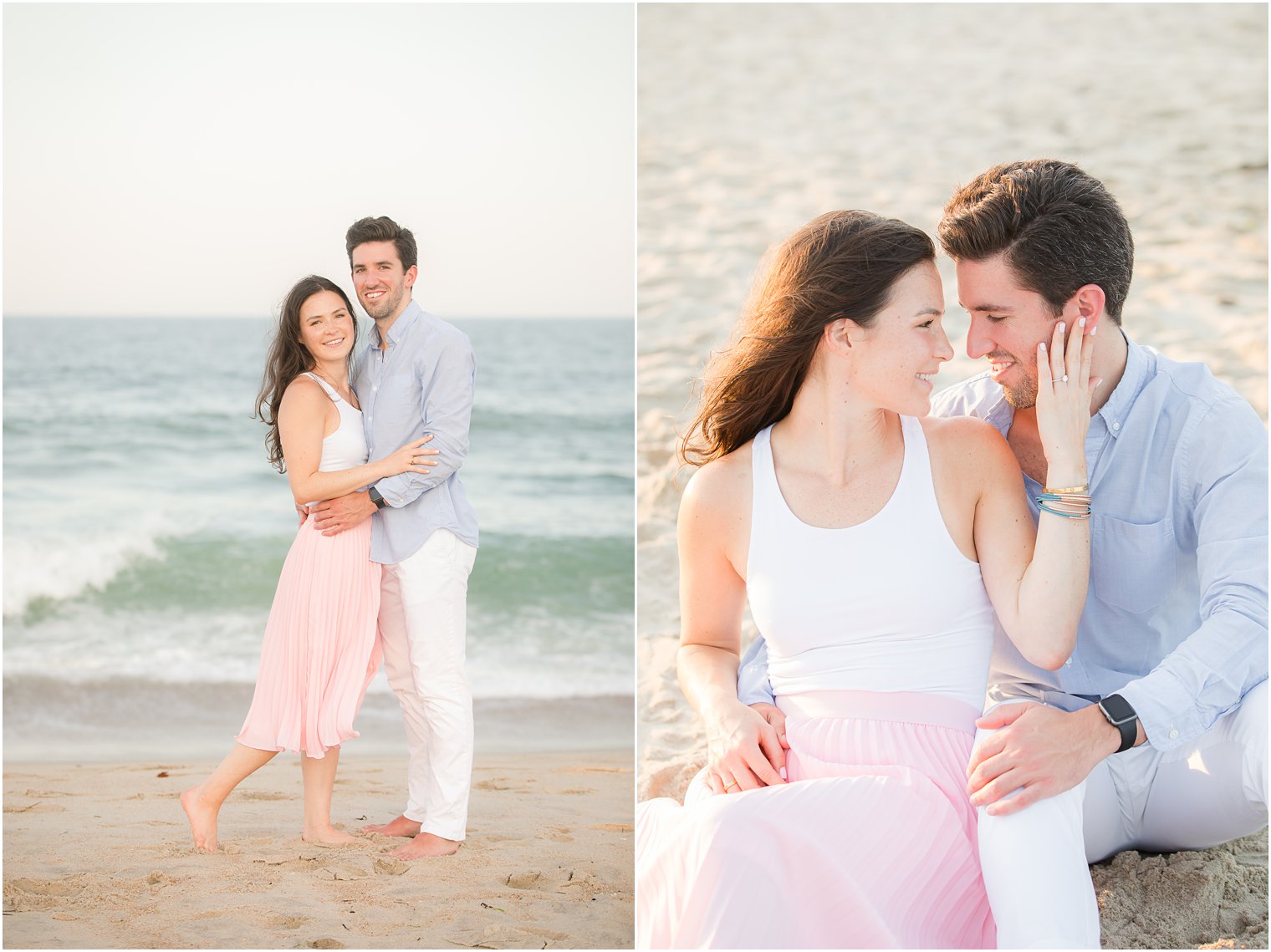 bride and groom stand on New Jersey beach during Spring Lake NJ Engagement session