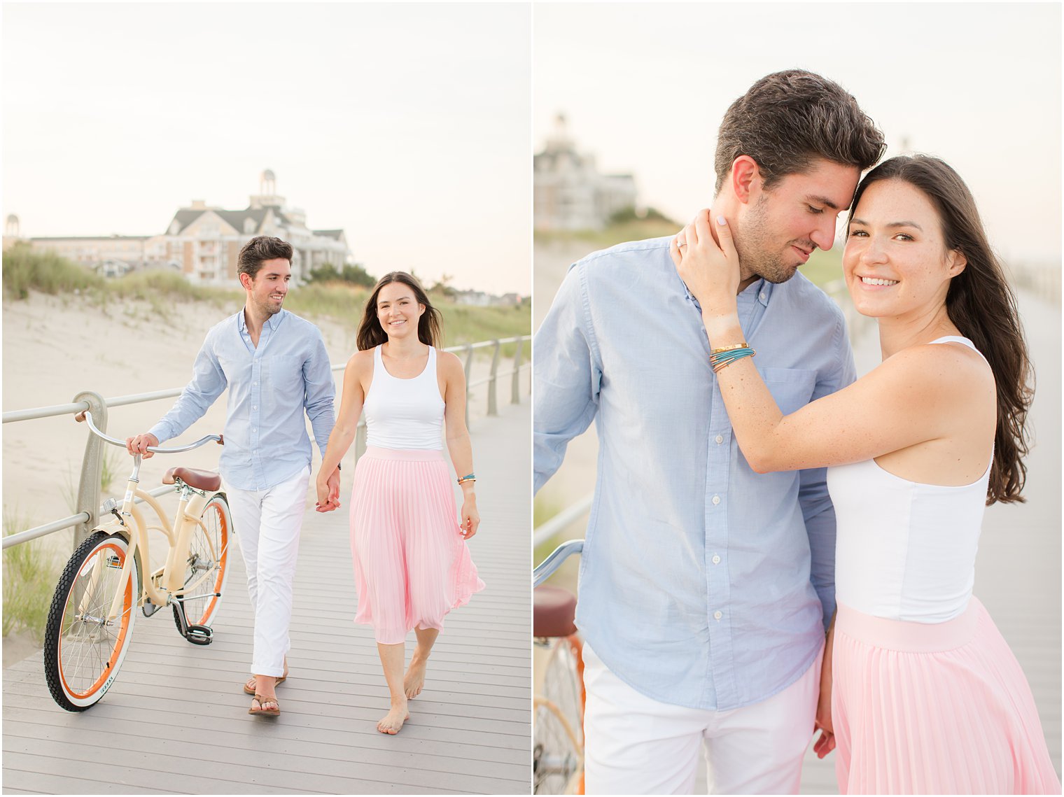 engaged couple walks along New Jersey boardwalk