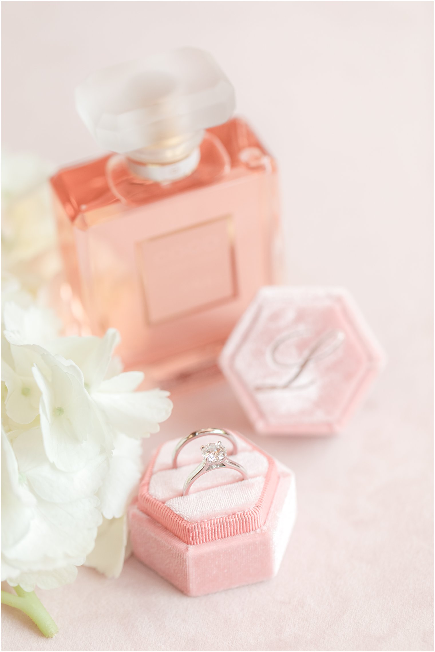 Engagement ring in pink velvet ring box