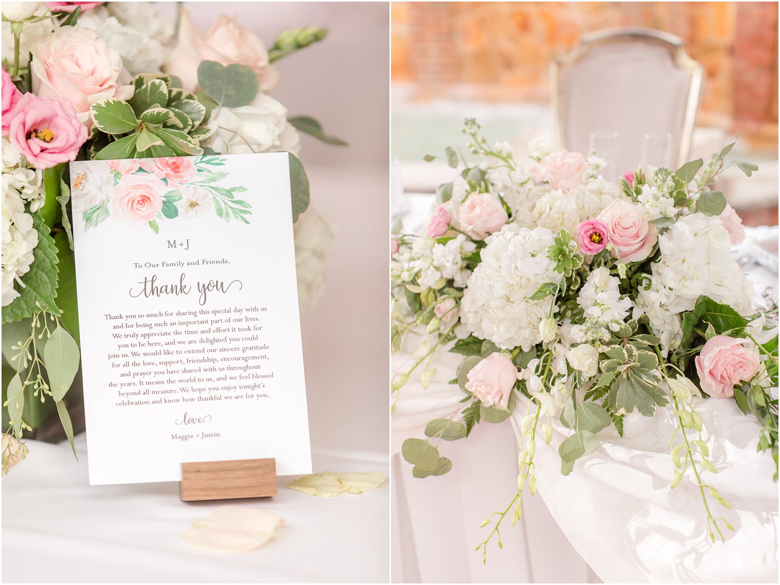 Thank you note on tables at The Manor wedding