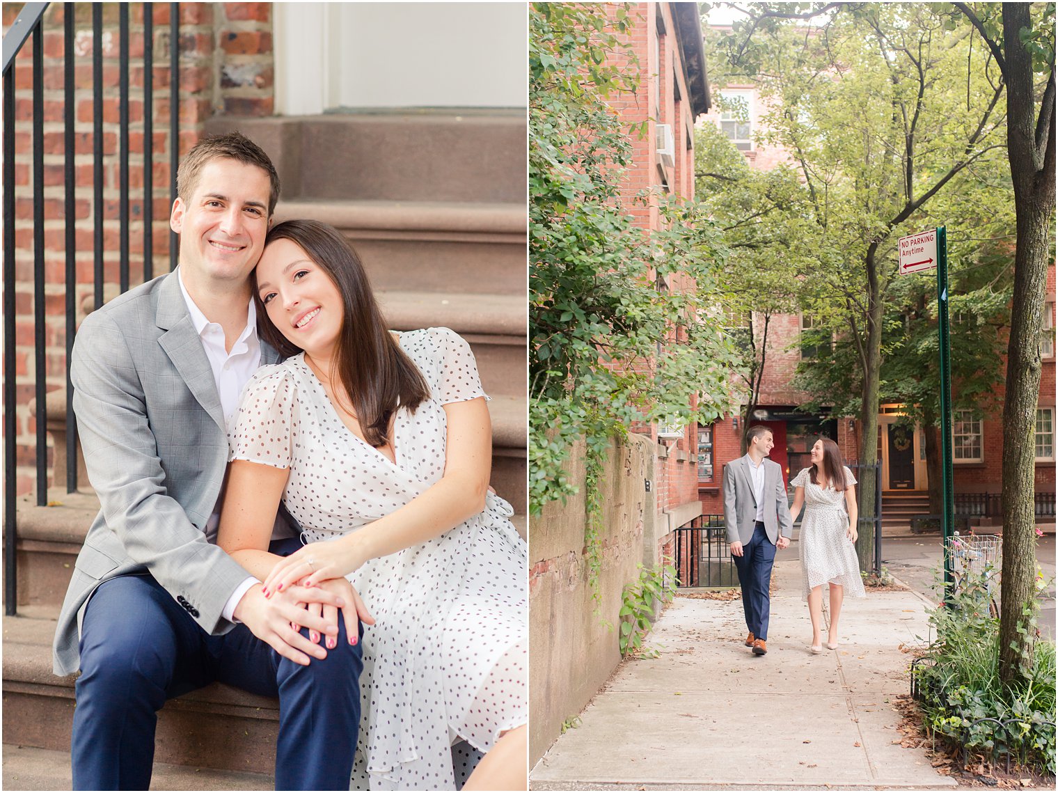 West Village Engagement Photos with couple in white dress and grey suit jacket
