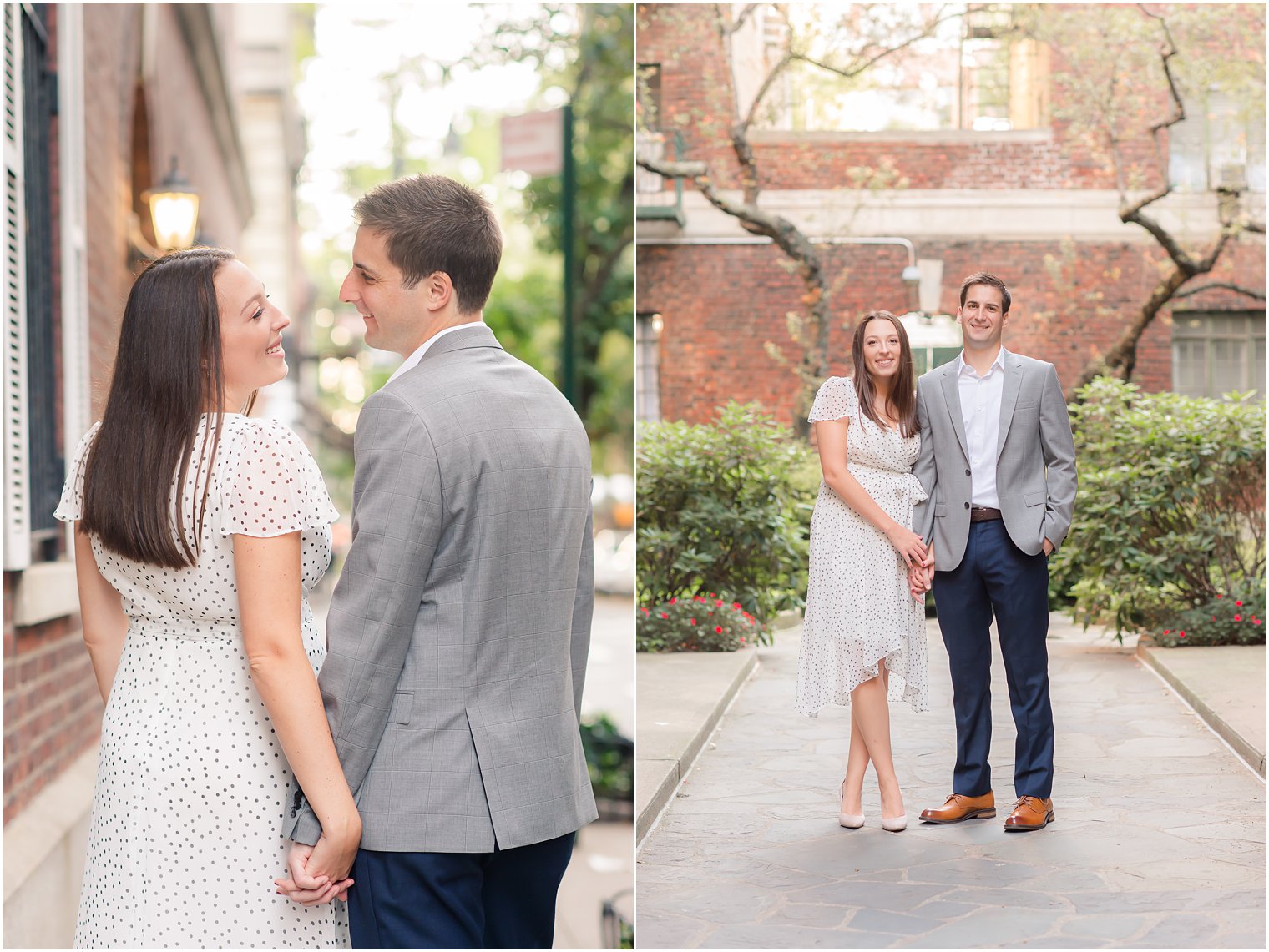 young engaged couple walks along West Village street during engagement photos