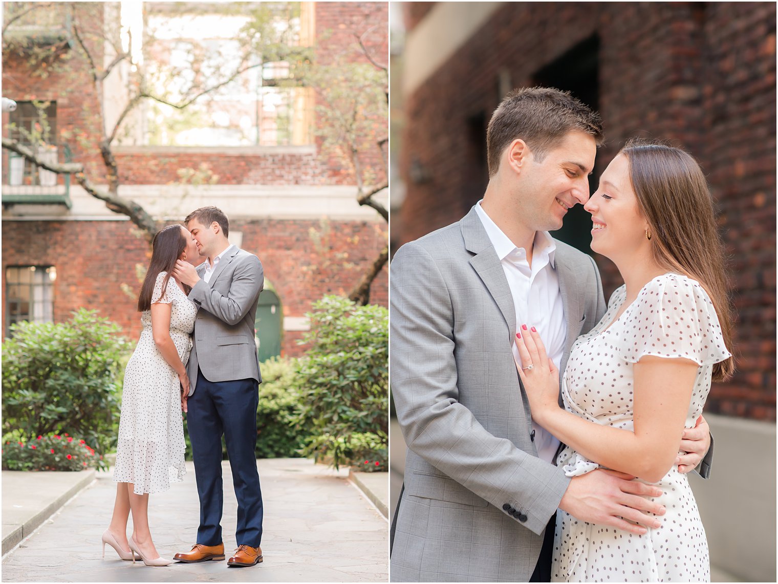 West Village Engagement Photos with couple in grey suit and white dress