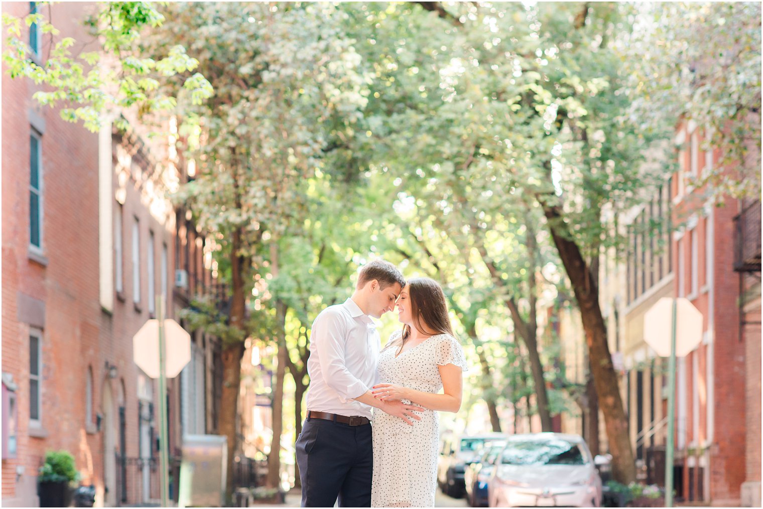 bride and groom pose in New York City street 