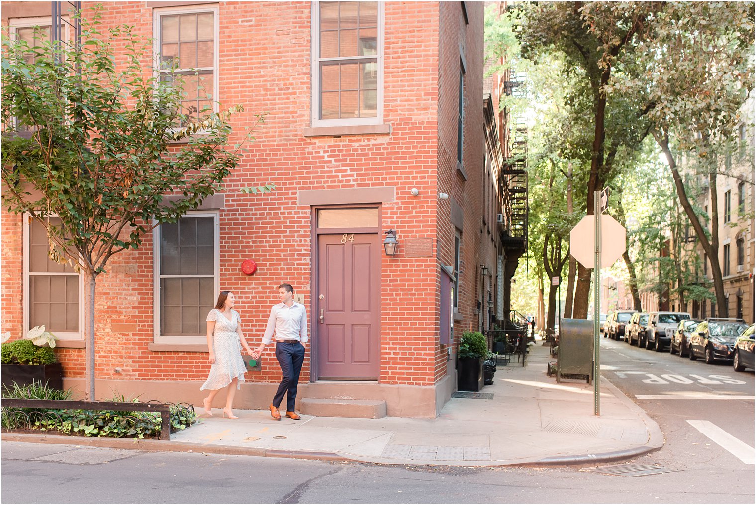 West Village Engagement Photos with couple on street corner