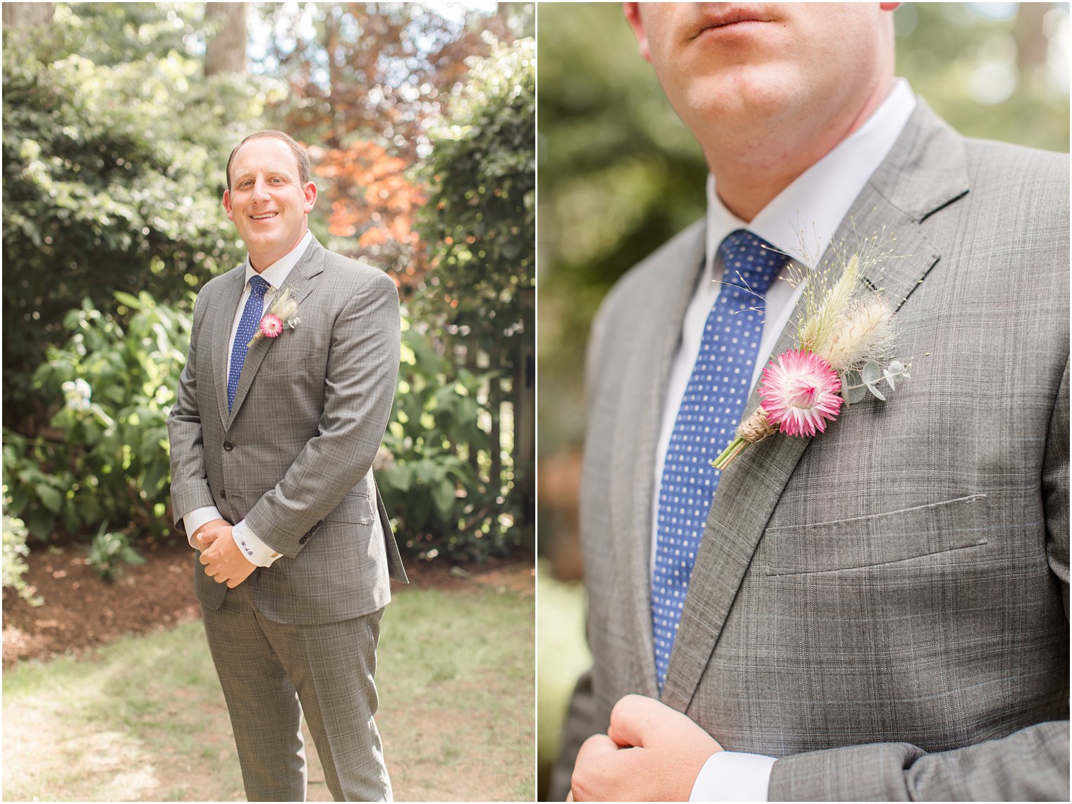 groom with grey suit and pink boutonnière 