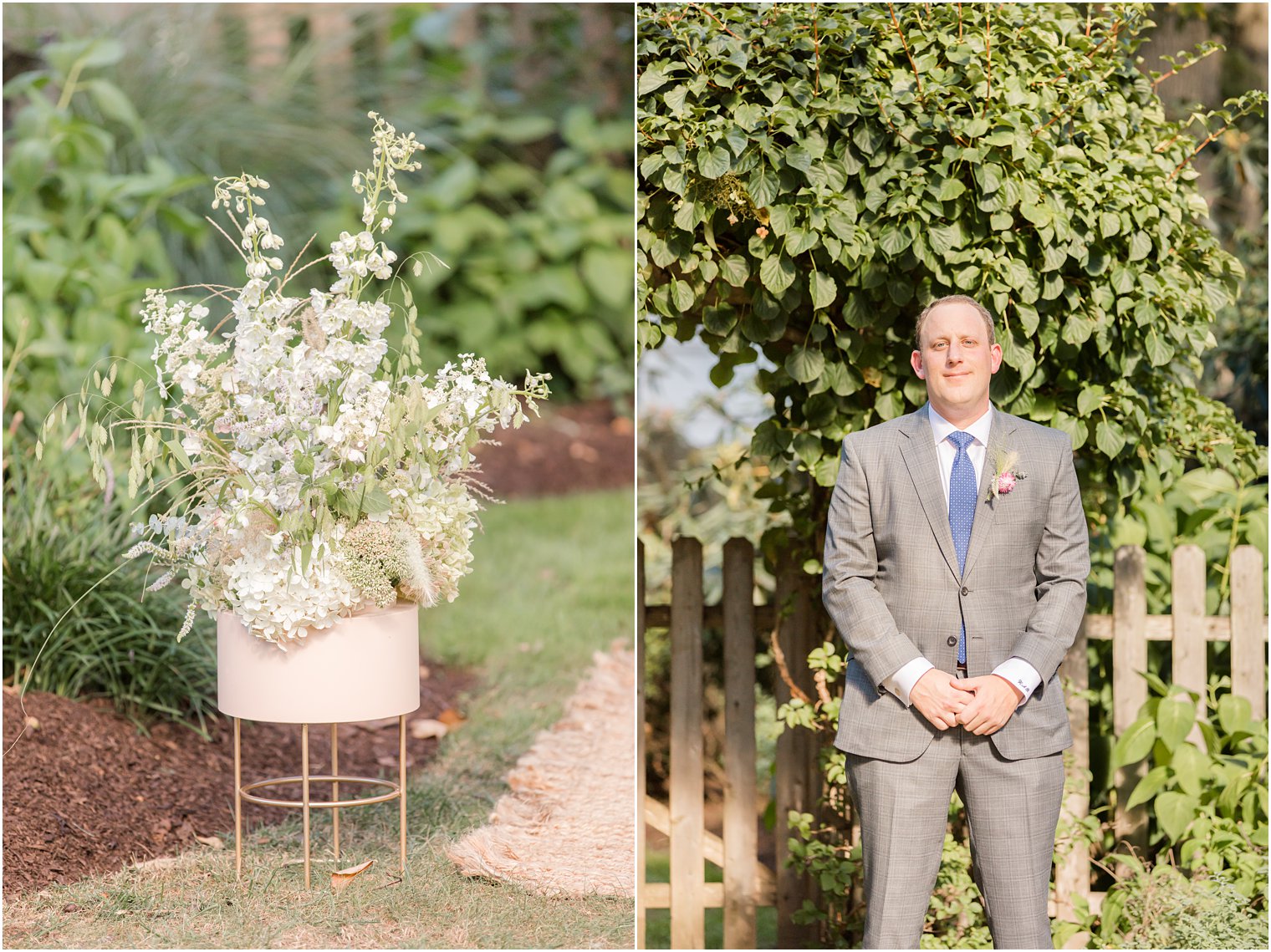 groom waits for bride at end of aisle for backyard wedding