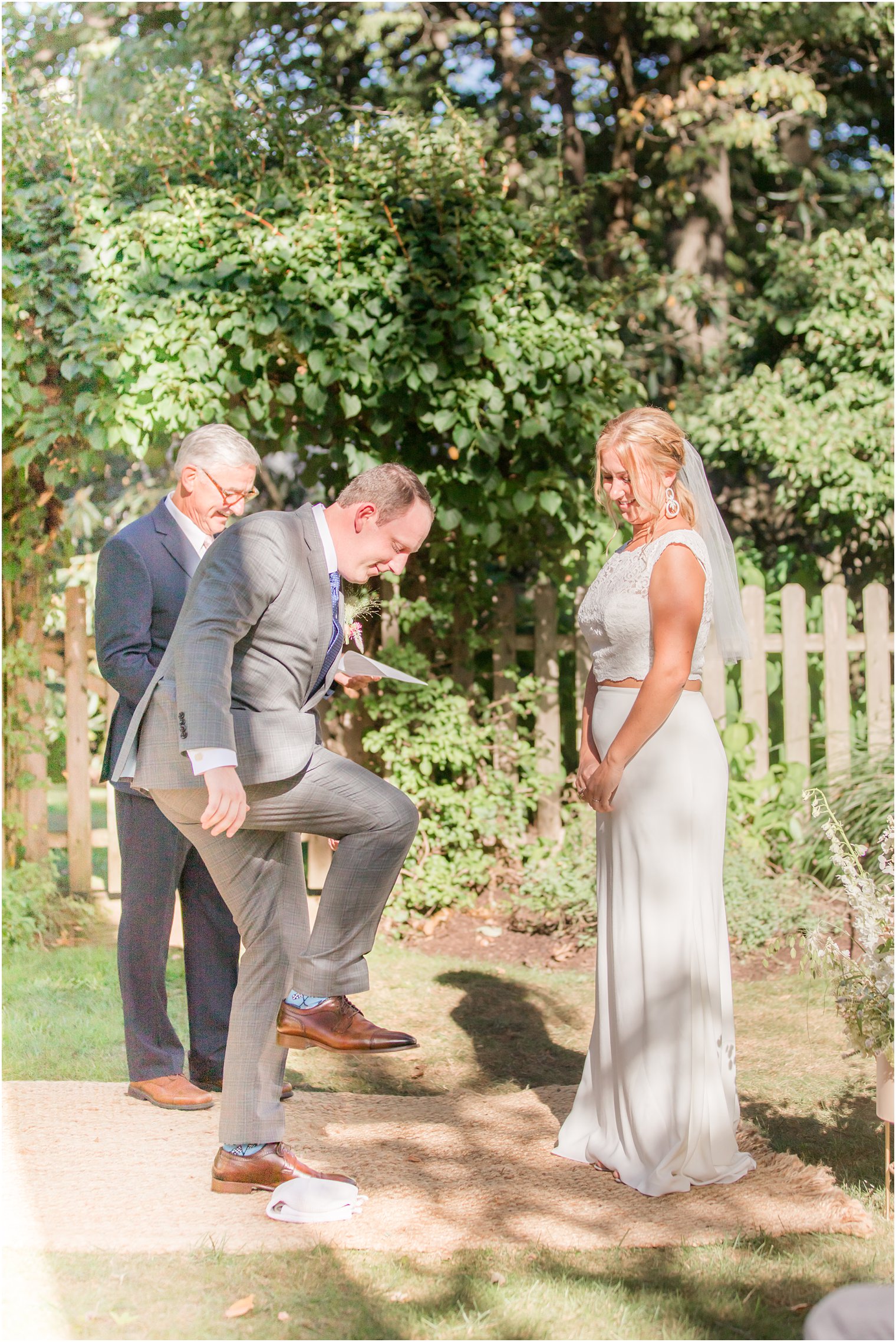 groom breaks glass during Westfield NJ backyard wedding