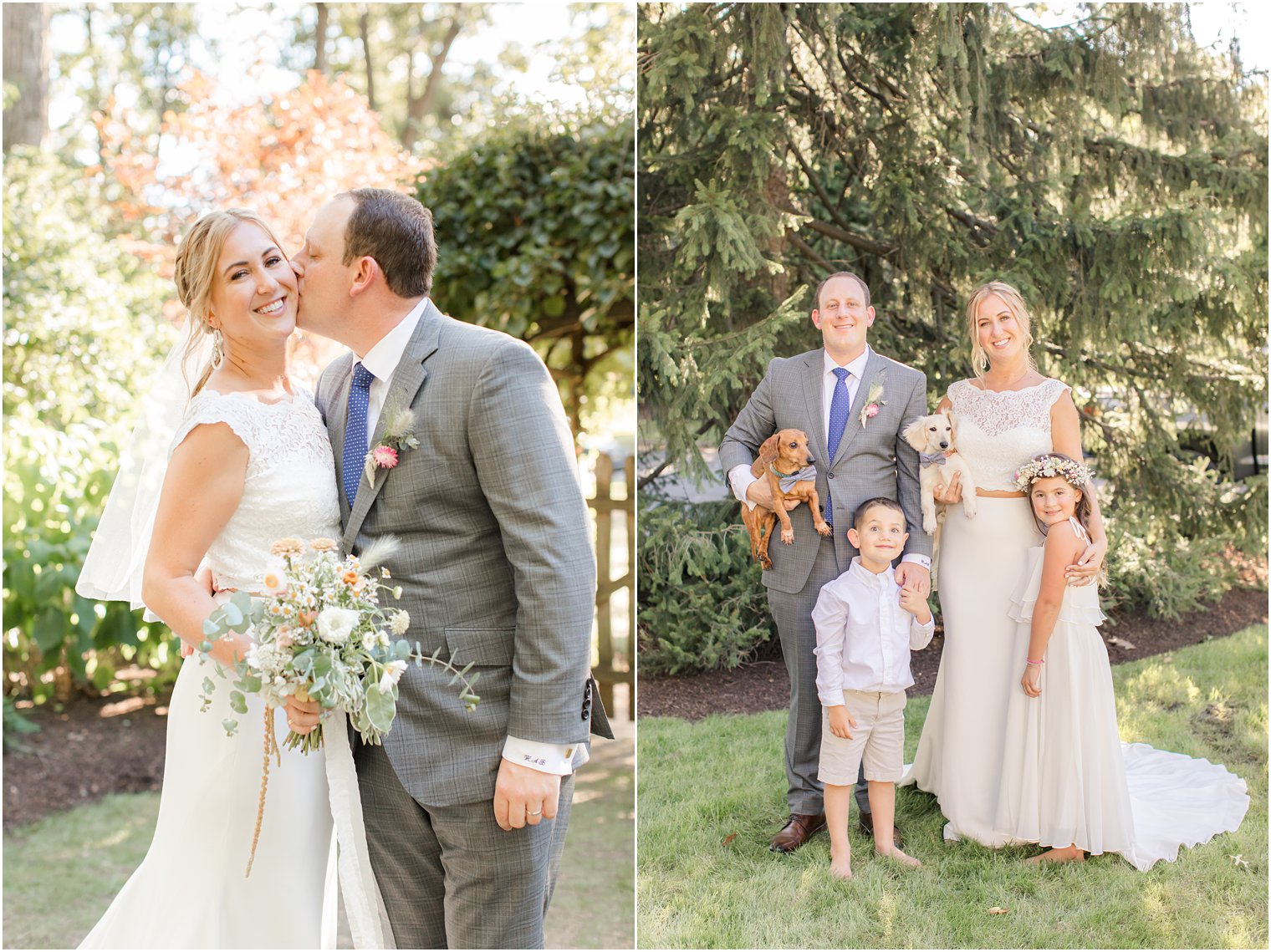 bride and groom pose with dogs and ring bearer and flower girl