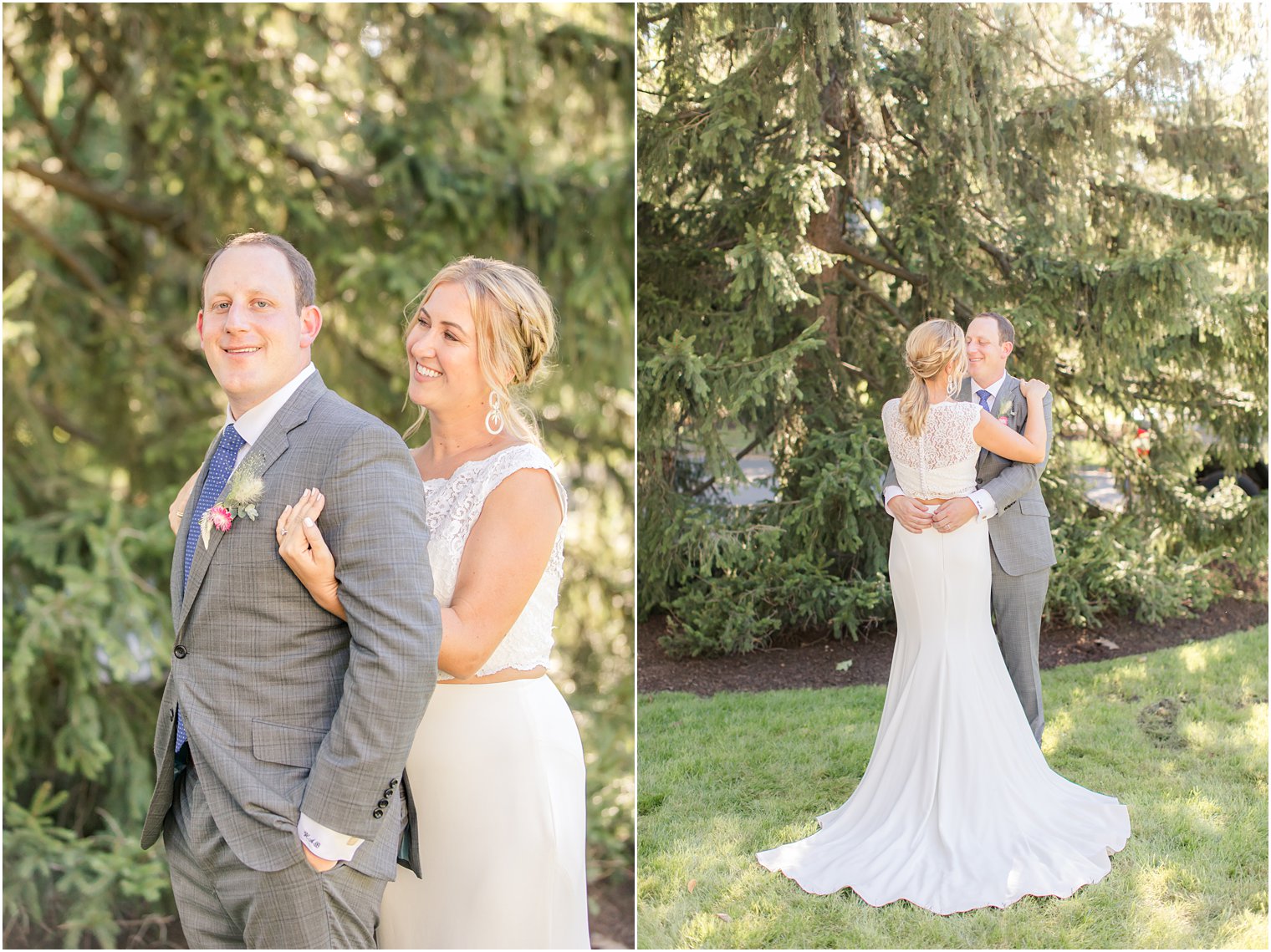bride and groom hug during wedding portraits in New Jersey