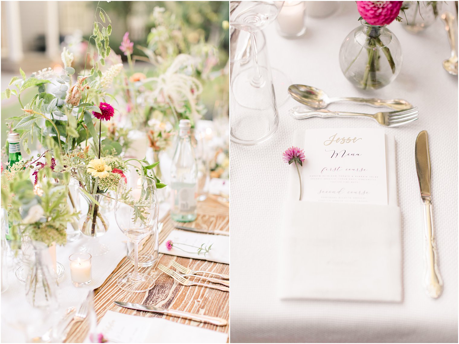 rustic wildflower reception tablescape for backyard wedding in New Jersey