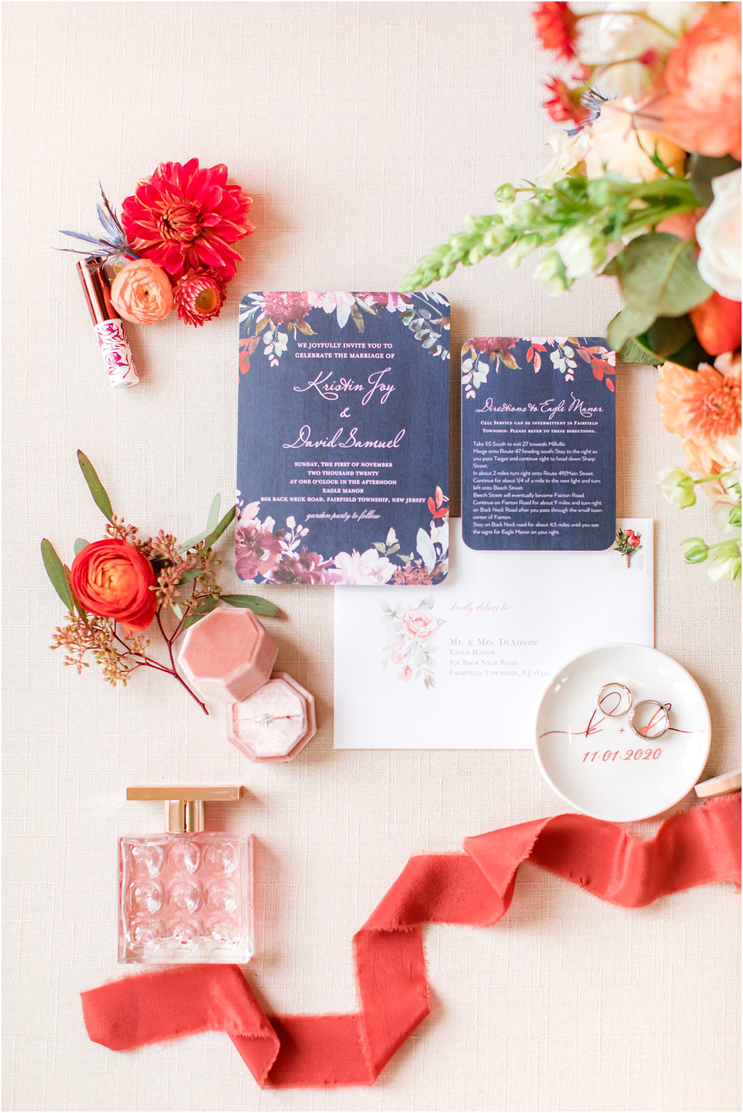 navy and coral fall wedding invitations for Eagle Manor Wedding