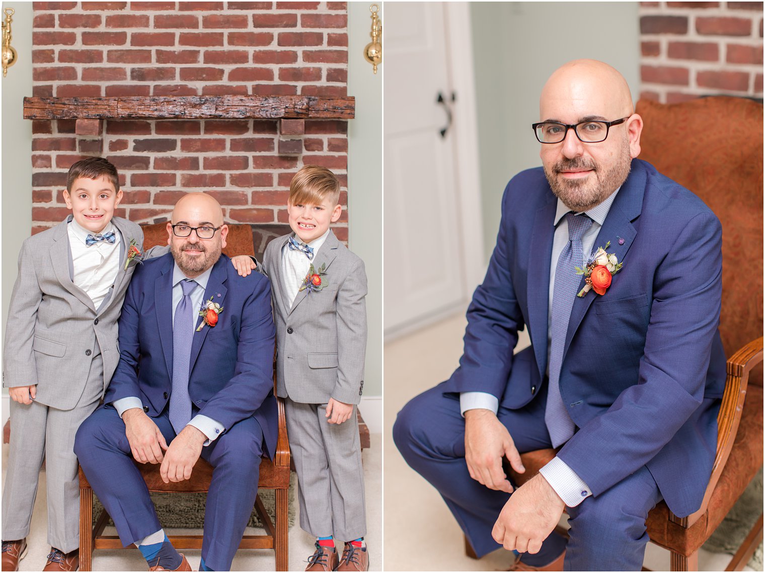 groom in navy suit poses with sons before NJ wedding
