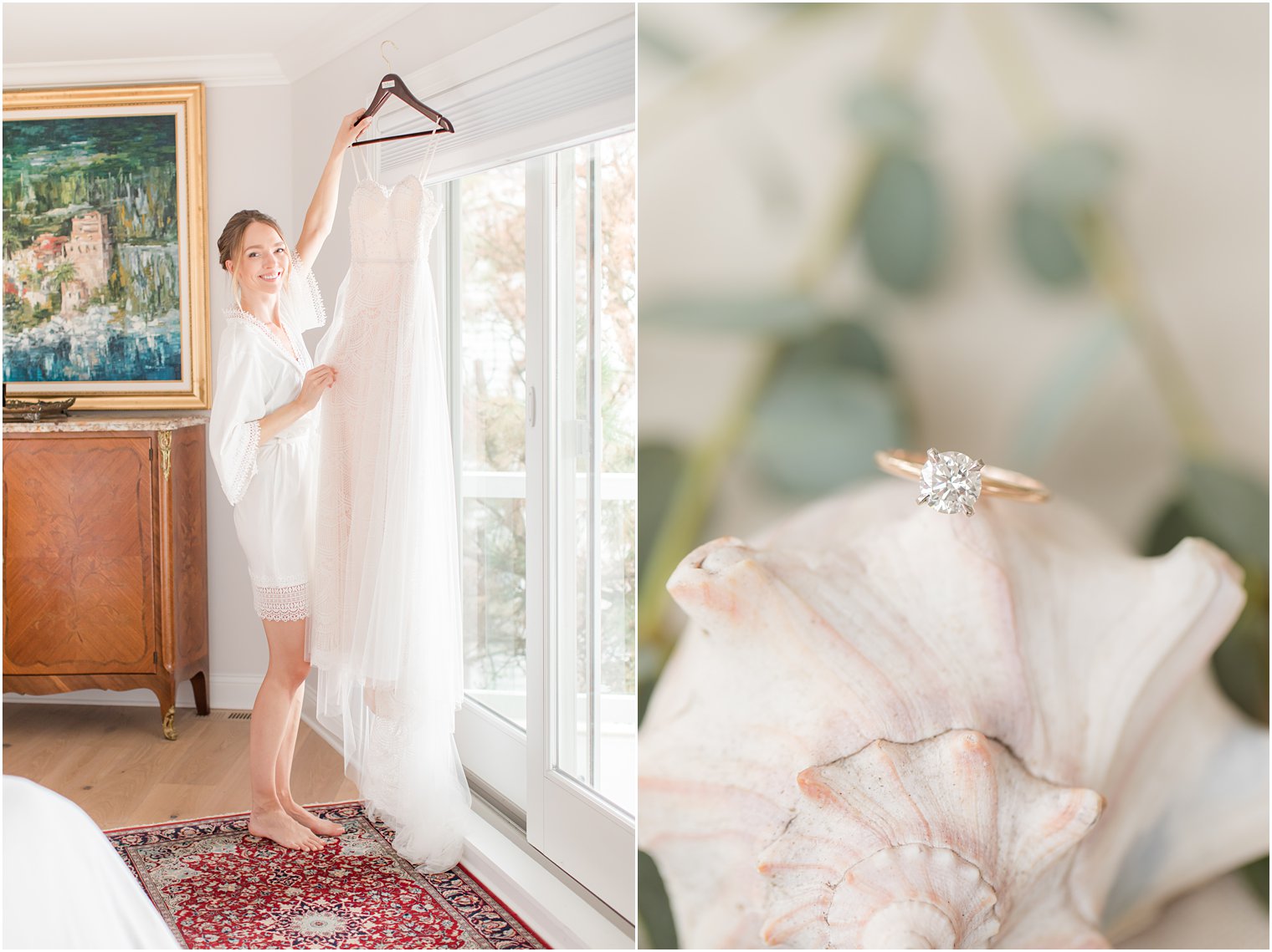 wedding ring rests on shell before NJ wedding